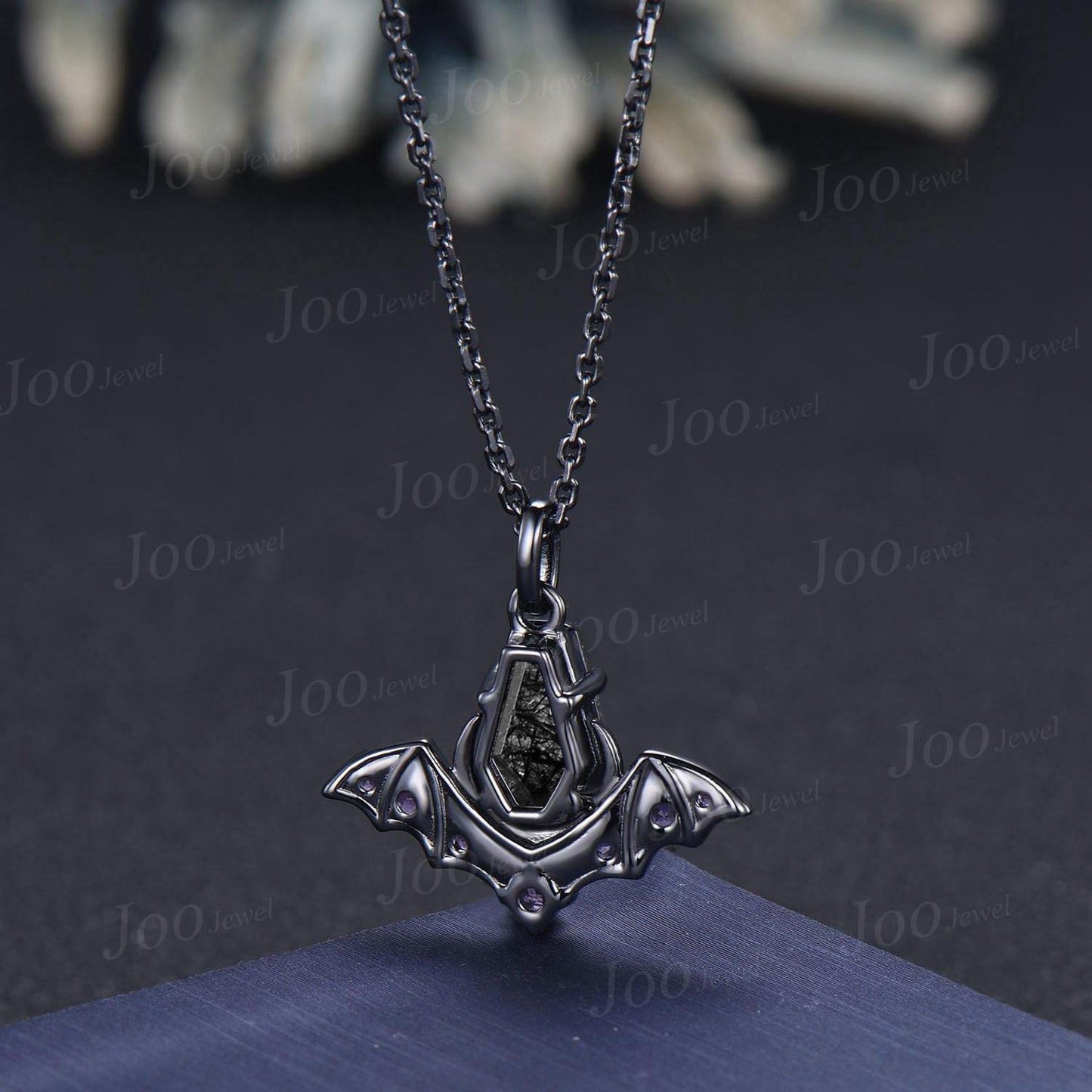 Coffin Cut Natural Black Rutilated Quartz Crescent Moon Bat Pendant Necklace Natural Black Rutilated Quartz Bat Wing Gothic Retro Necklaces