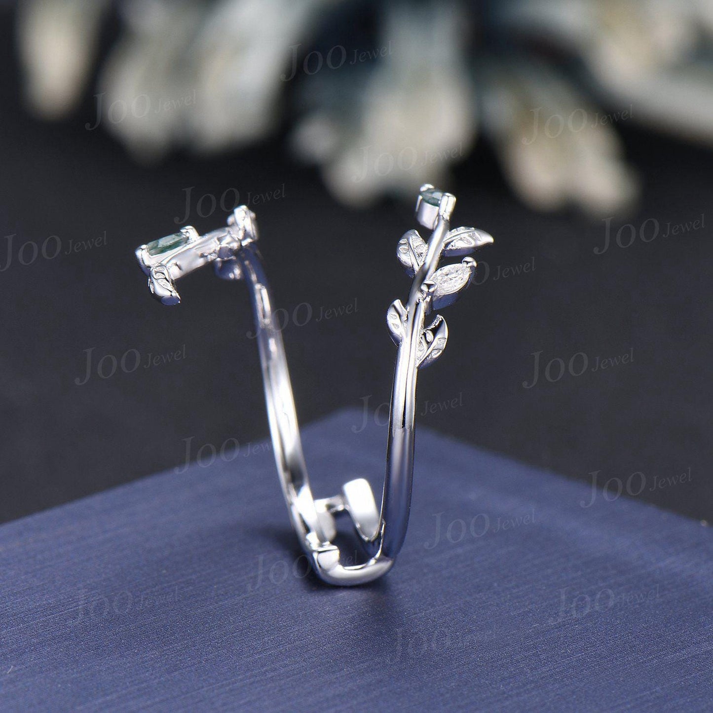 Leaf Branch Enhancer Wedding Band-Nature Inspired Moss Agate Adjustable Jacket Ring-Forest Jewelry for Bride-Elven Style Boho Wedding Band
