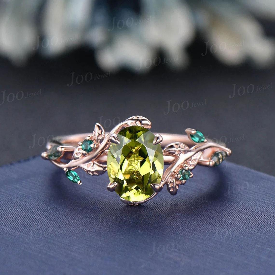 1.5ct Oval Cut Natural Green Peridot Engagement Ring Set-Forest Wedding Rings-Emerald & Moss Agate Accent- Boho Holiday Bride Jewelry 2pcs