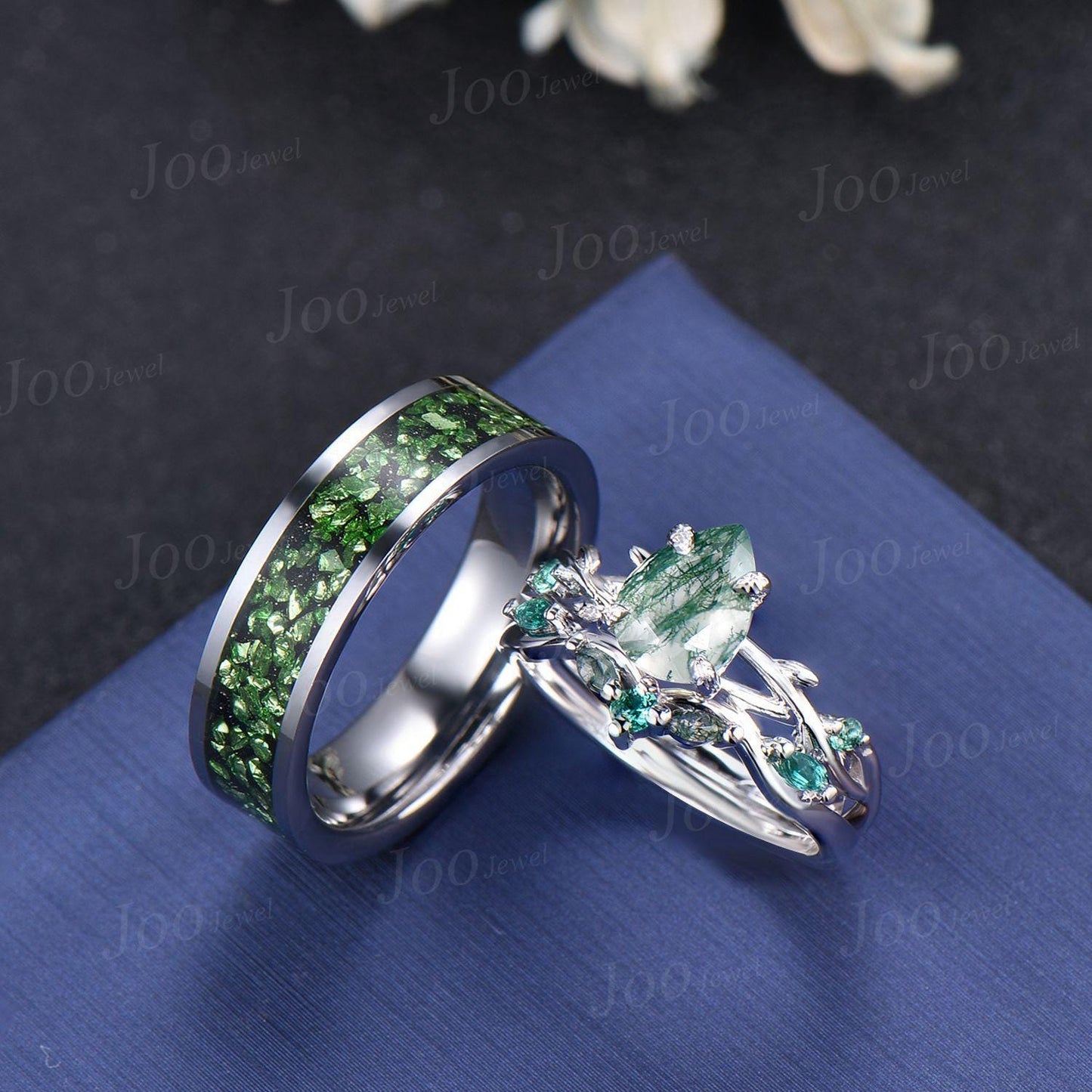 Sterling Silver Natural Pear Cut Moss Agate Twig Vine Couple Ring Set Nature Inspired Wedding Ring Men Tungsten Ring Unique Matching Ring