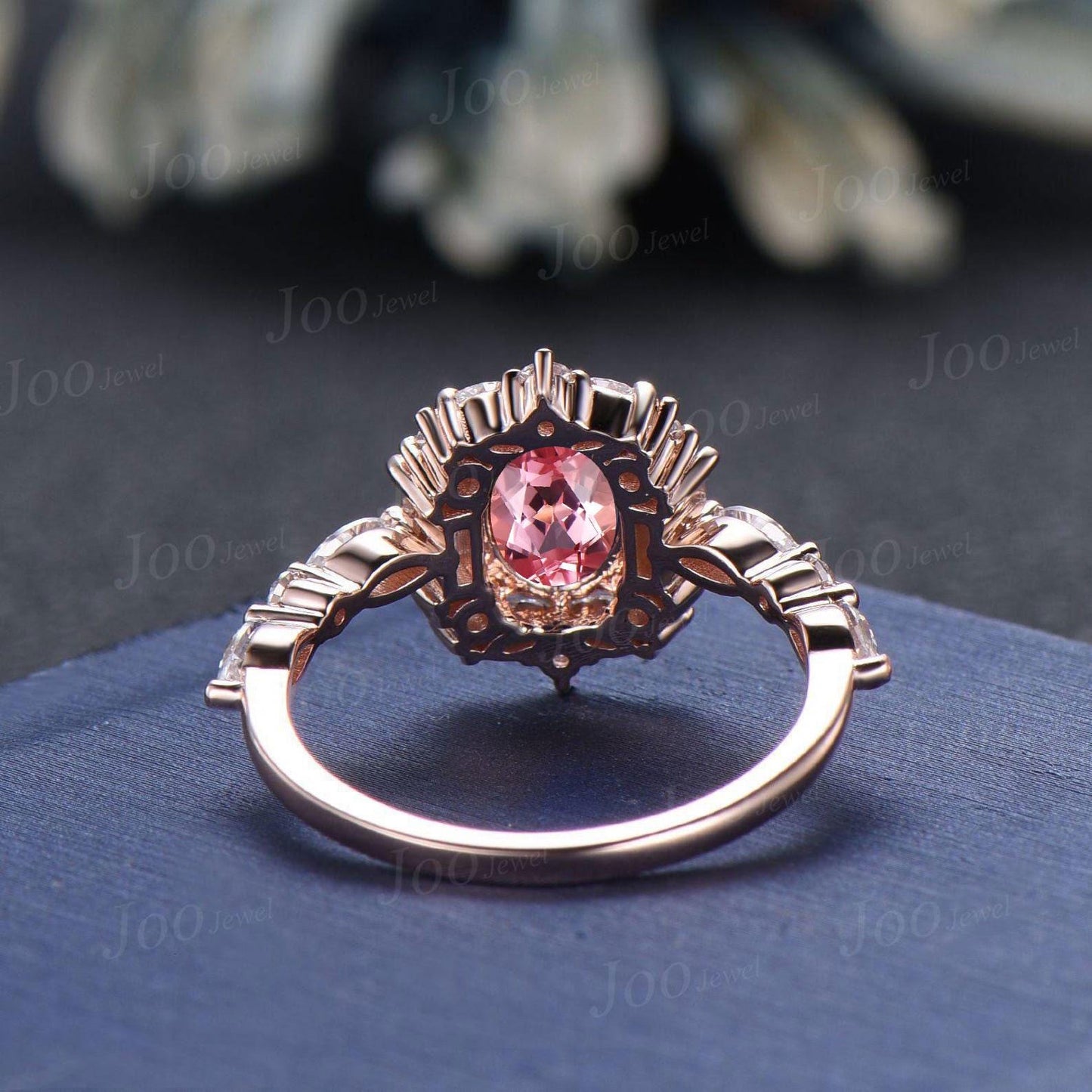 1.5ct Oval Cut Padparadscha Sapphire Engagement Ring | Moissanite Halo Vintage Style Ring | Unique Peach Pink Gemstone Bridal Ring for Women
