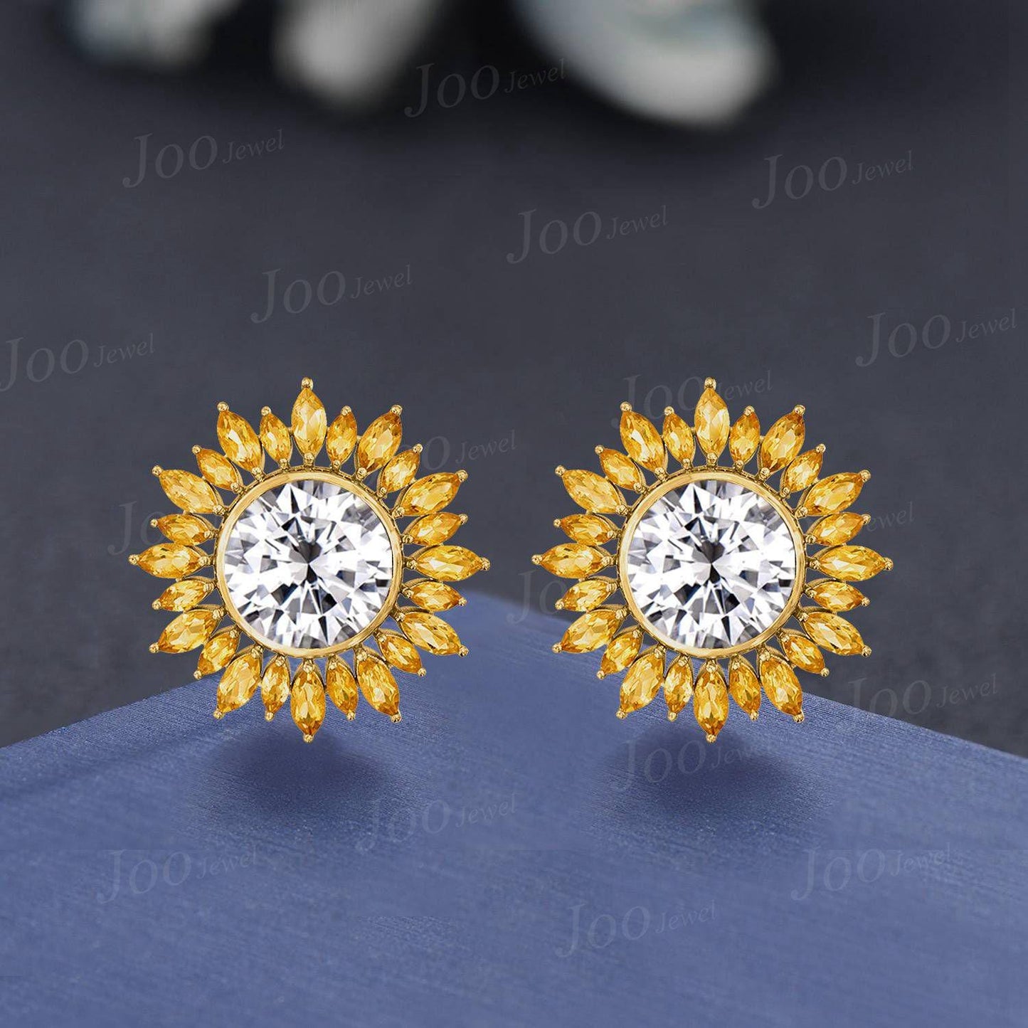 Round Moissanite Sunflower Earrings/Necklace Marquise Cut Natural Citrine Halo Stud Earrings Summer Beach Vacation Jewelry for Women