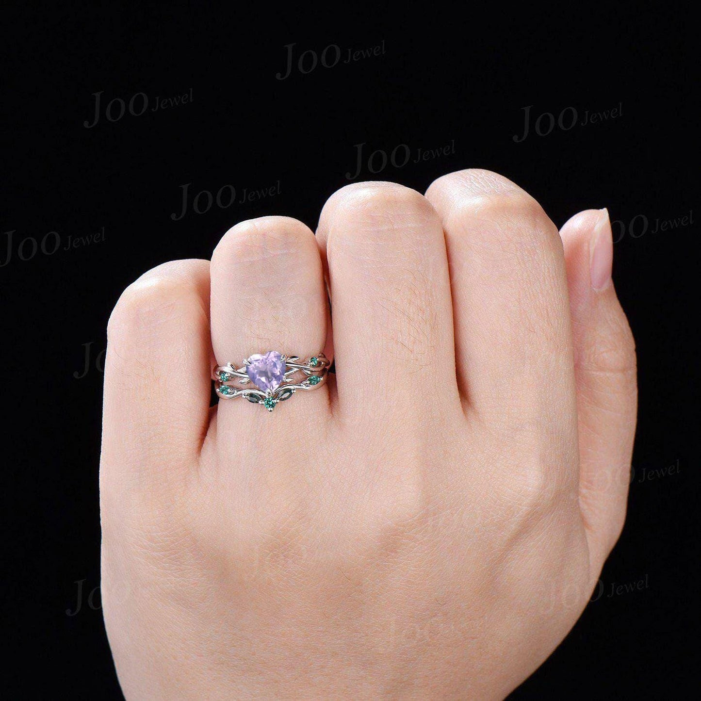 Vintage Heart Cut Natural Lavender Amethyst Bridal Ring Sterling Silver Art Deco Nature Inspired Emerald Moss Agate Wedding Rings Set Women