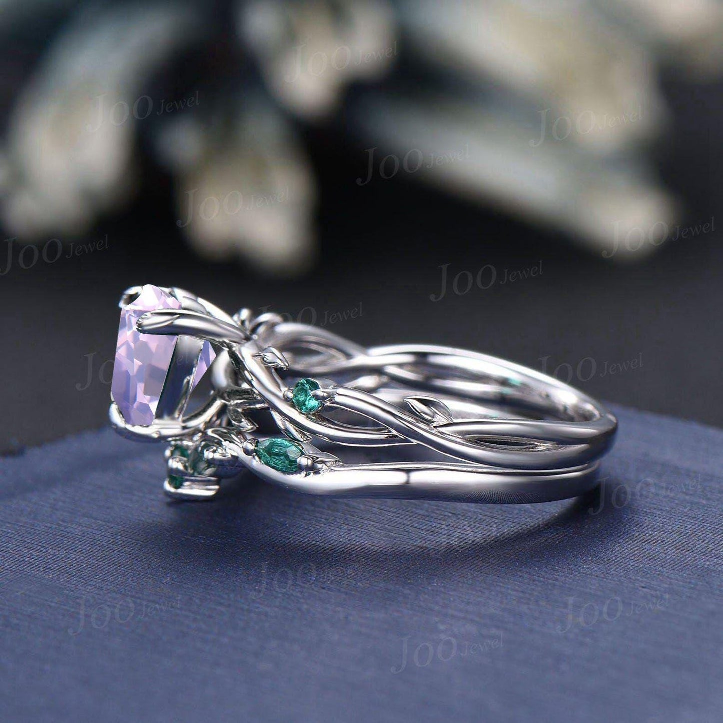 Vintage Heart Cut Natural Lavender Amethyst Bridal Ring Sterling Silver Art Deco Nature Inspired Emerald Moss Agate Wedding Rings Set Women