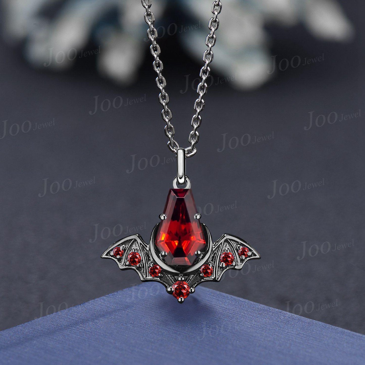 Natural Garnet Moon Pendant Necklace Coffin Cut Red Garnet Bat Wing Necklace 18K Black Gold Gothic Pendant for Cool Girl Graduation Gifts