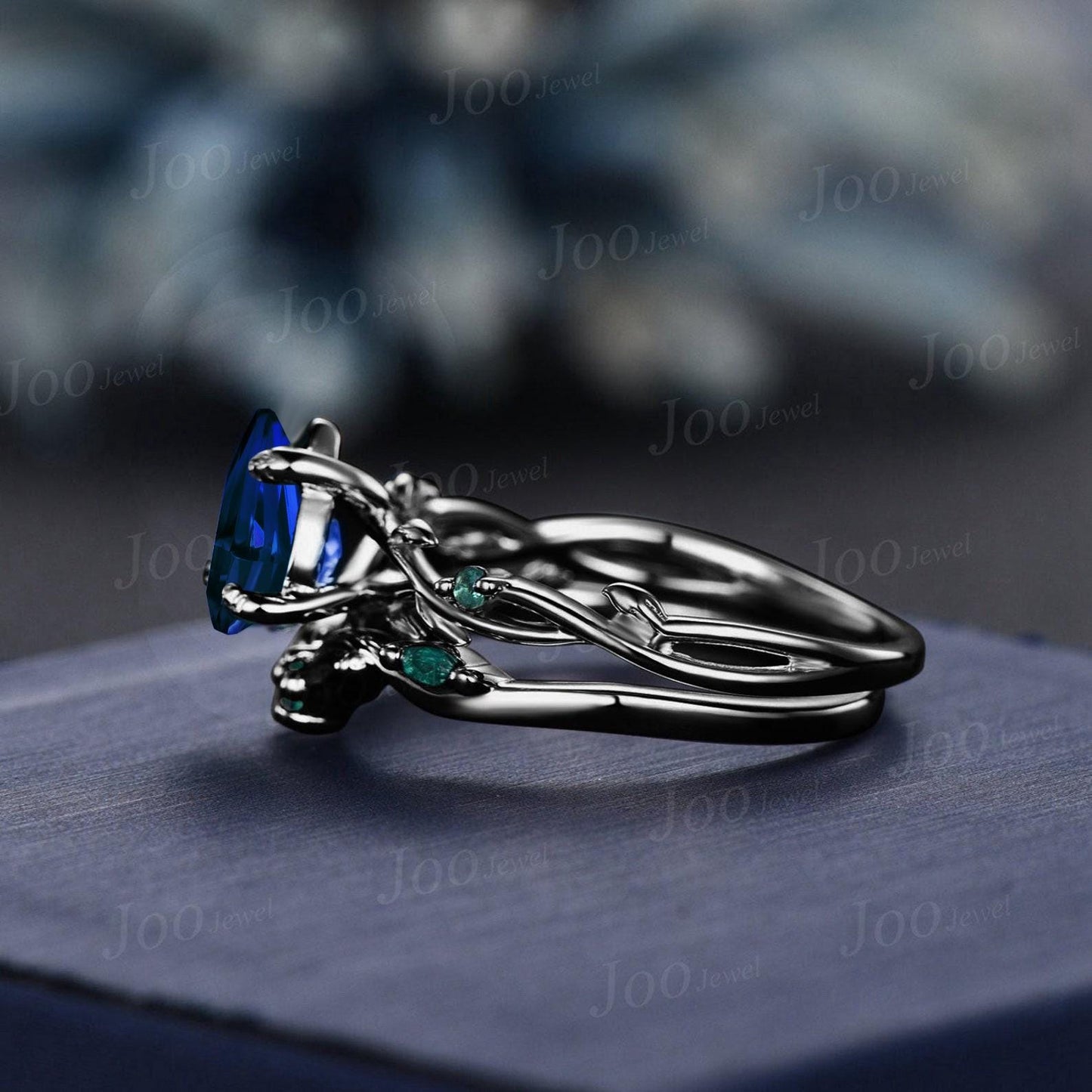 1.25ct Pear Blue Sapphire Twig Vine Engagement Ring Vintage Nature Inspired Blue Sapphire Emerald Promise Ring Unique Noble Gift for Women