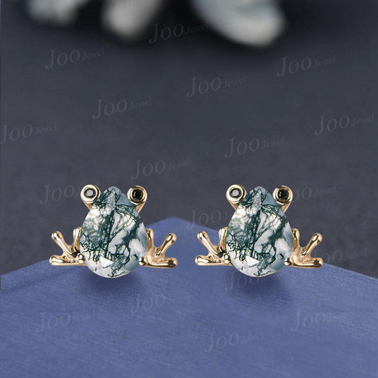 1.25ct Pear Cut Natural Moss Agate Frog Earrings | Nature-Inspired Frog Studs | Unique Amphibian Jewelry Gift for Women| Moss Agate Earrings