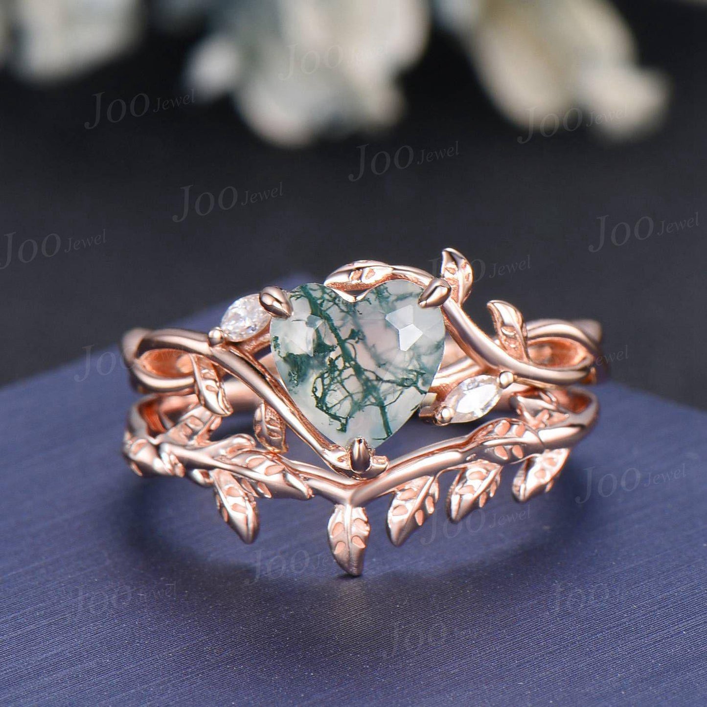 1ct Kite Cut Natural Moss Agate Ring Set | Infinity Leaf Ring | Twisted Vine Moss Agate Engagement Ring for Women | Nature Wedding Jewelry