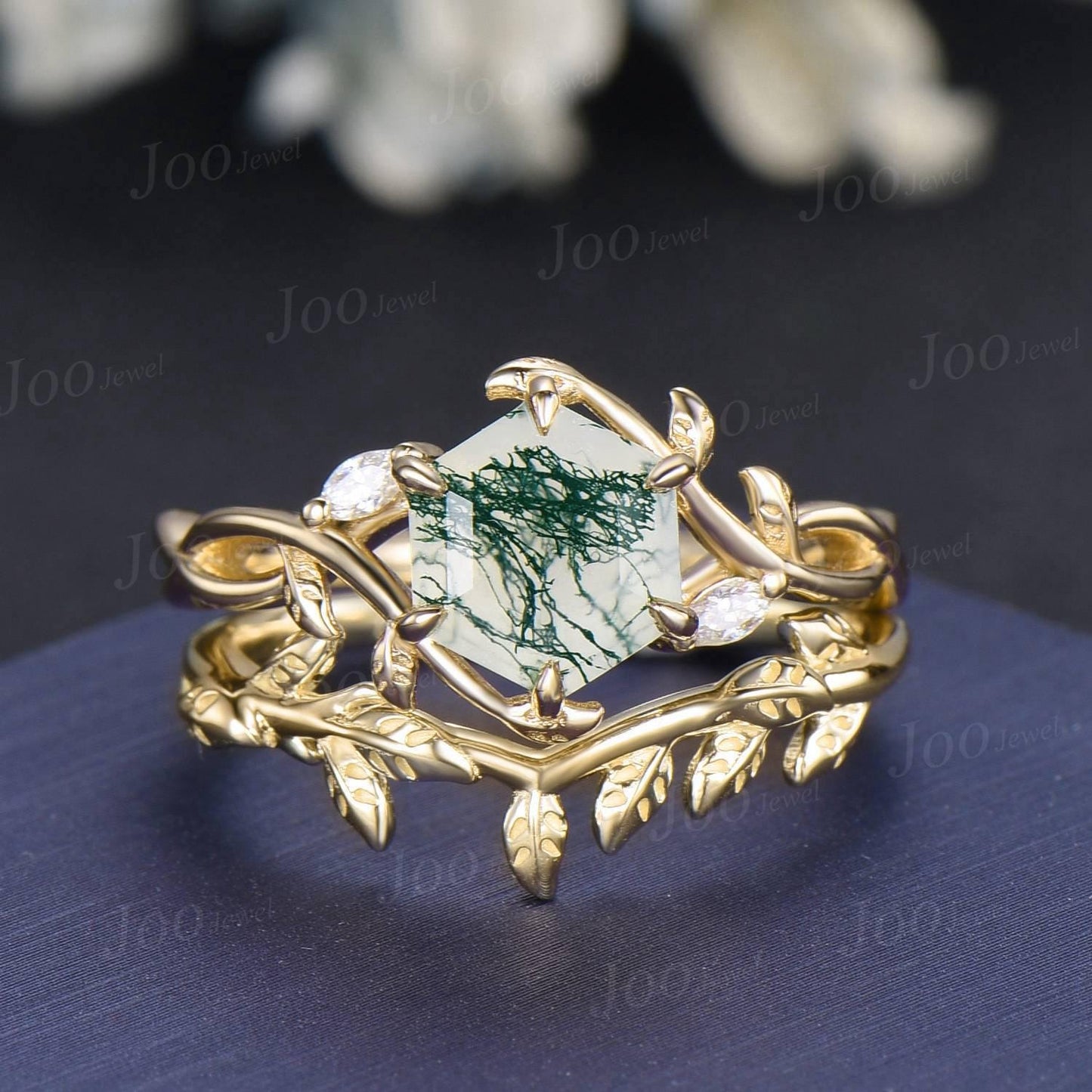 1ct Kite Cut Natural Moss Agate Ring Set | Infinity Leaf Ring | Twisted Vine Moss Agate Engagement Ring for Women | Nature Wedding Jewelry