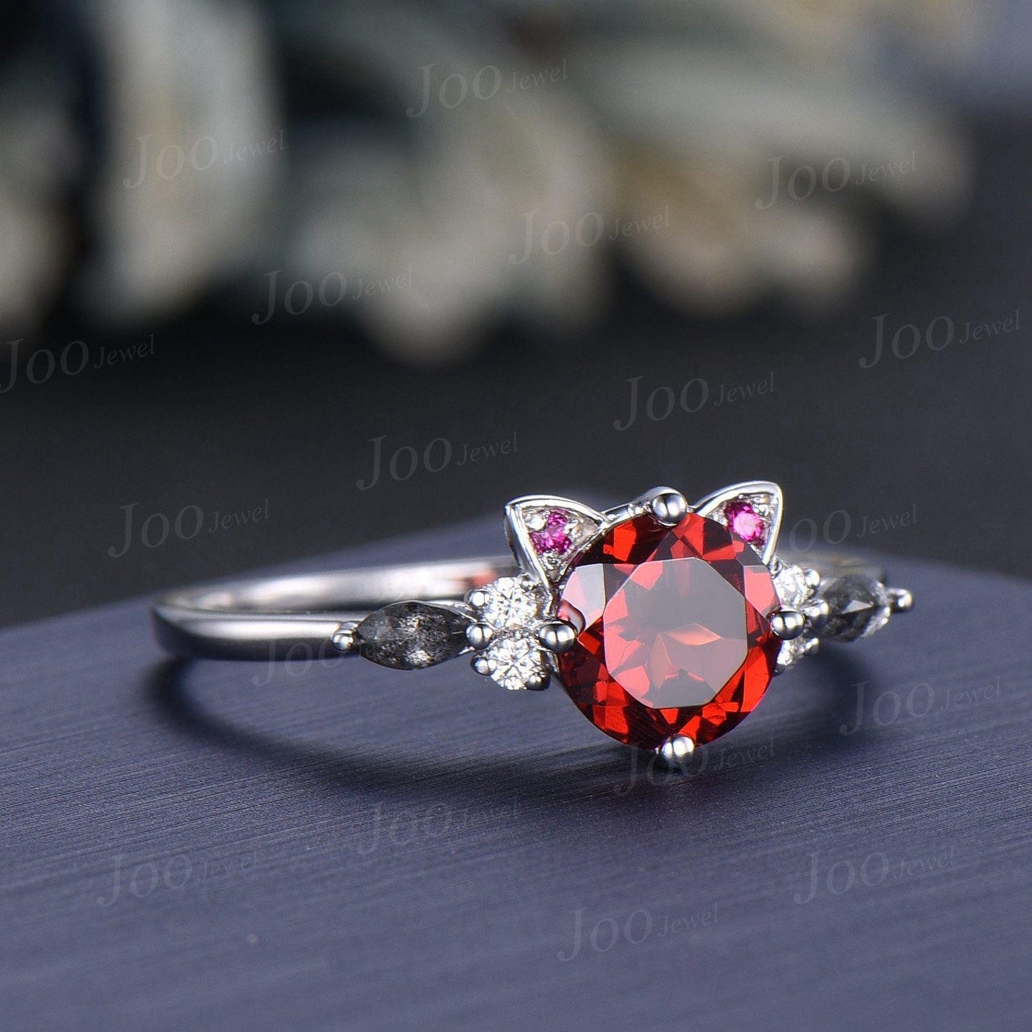Cat Engagement Ring Vintage 1.2ct Round Cut Natural Red Garnet Wedding Ring Cat Cut Garnet Pepper Diamond Ring Jewelry Gifts for Cat Lover