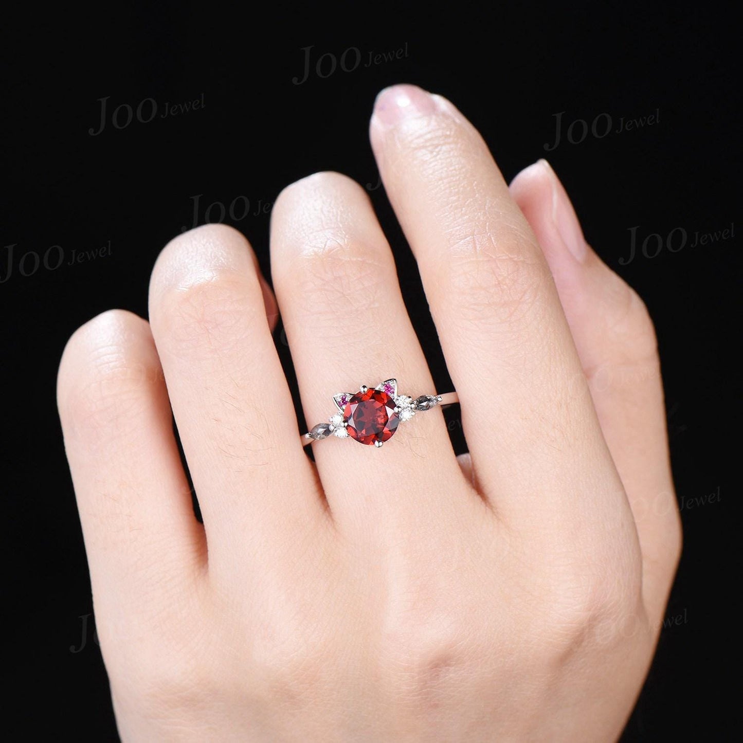 Cat Engagement Ring Vintage 1.2ct Round Cut Natural Red Garnet Wedding Ring Cat Cut Garnet Pepper Diamond Ring Jewelry Gifts for Cat Lover