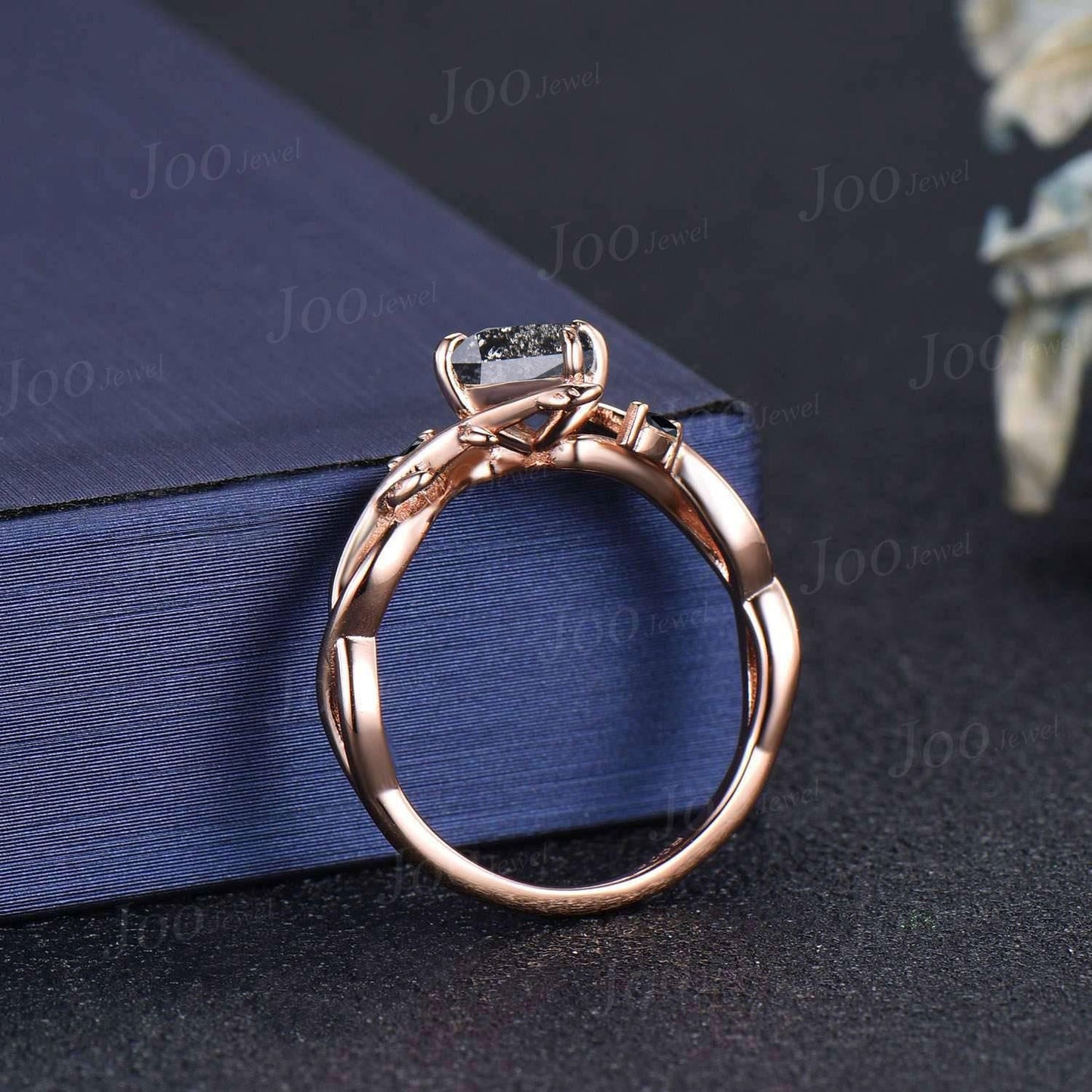 Antique Kite Cut Natural Salt and Pepper Diamond Infinity Engagement Ring 14K Rose Gold Branch Vine Wedding Ring Kite Diamond Bridal Rings