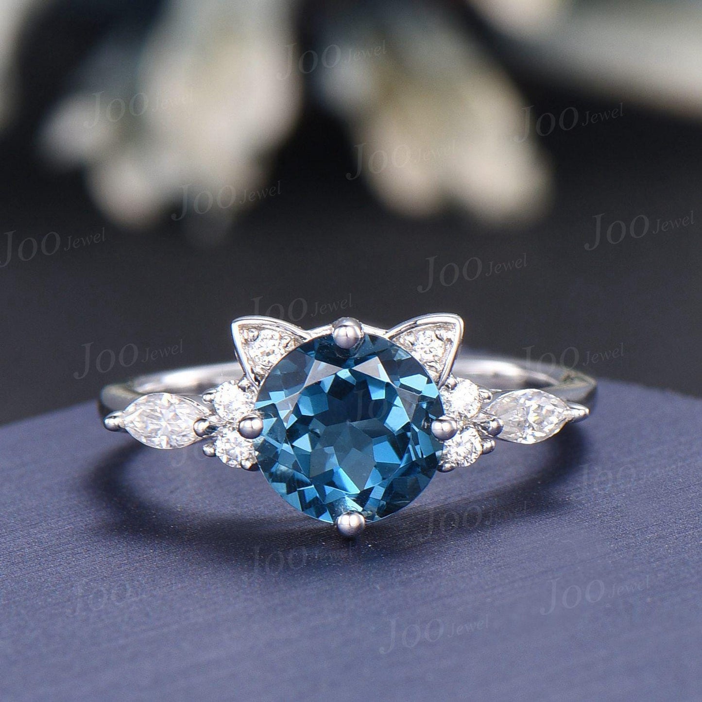 1.2ct Round Cut Natural London Blue Topaz Cat Wedding Ring Sterling Silver December Birthstone Birthday Jewelry Gift for Cat Lover/Daughter