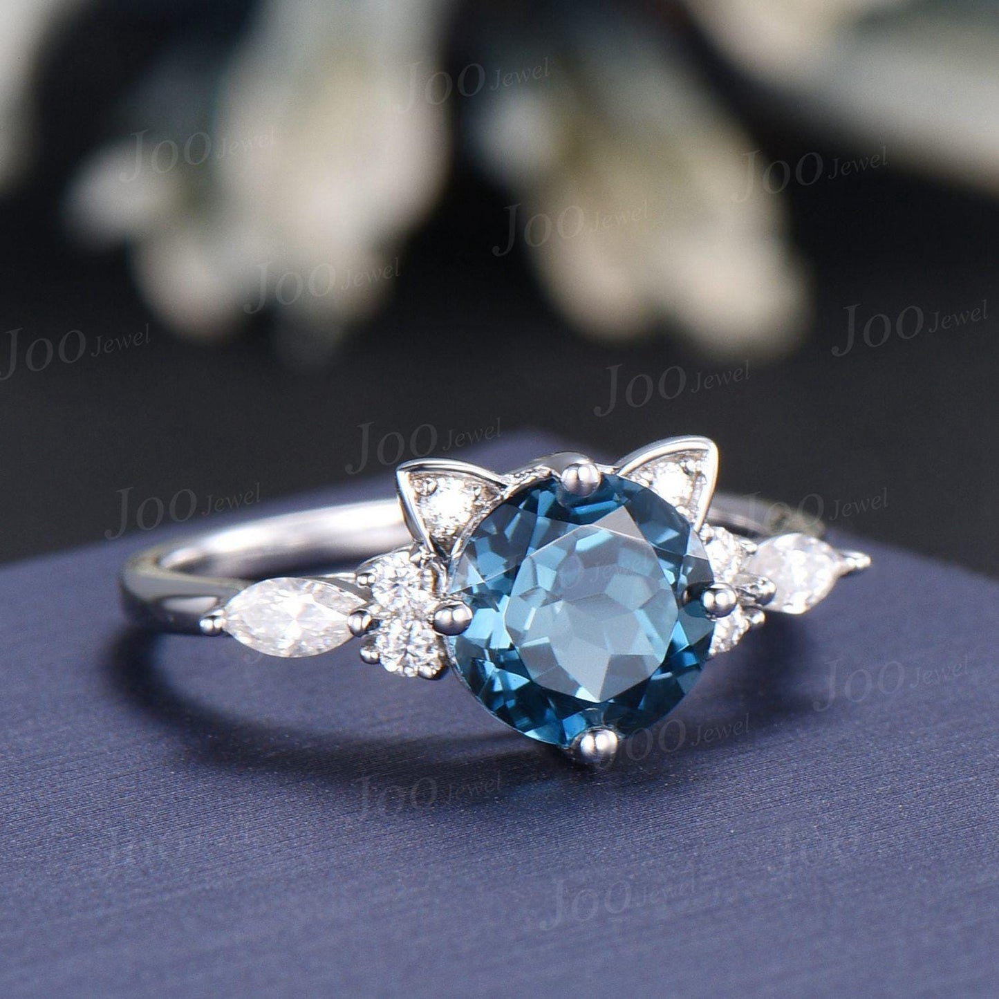 1.2ct Round Cut Natural London Blue Topaz Cat Wedding Ring Sterling Silver December Birthstone Birthday Jewelry Gift for Cat Lover/Daughter