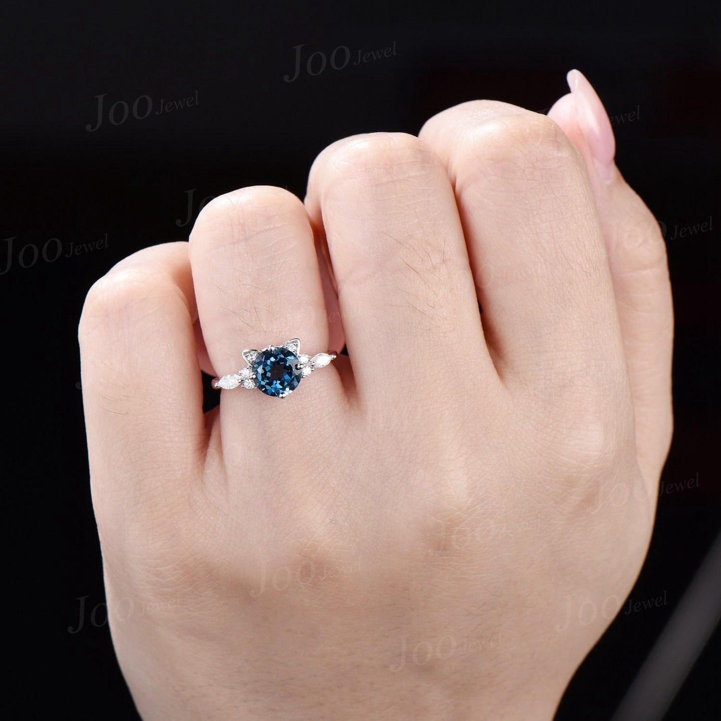1.2ct Round Cut Natural London Blue Topaz Cat Wedding Ring Sterling Silver December Birthstone Birthday Jewelry Gift for Cat Lover/Daughter
