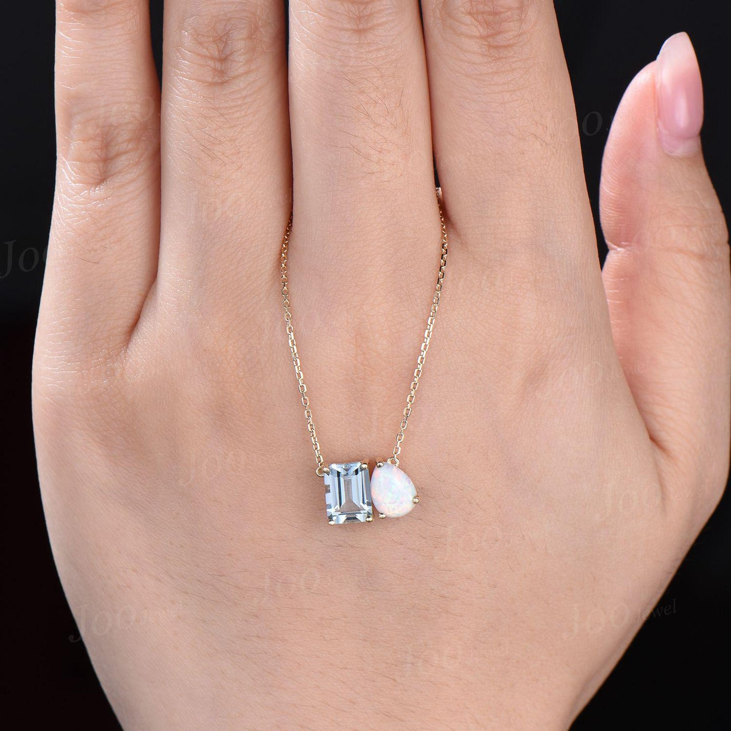 Natural Aquamarine Opal Toi Et Moi Pendant | Pear & Emerald Cut Two Stone Pendant Necklace | You and Me Necklace | Couple Friend Necklaces