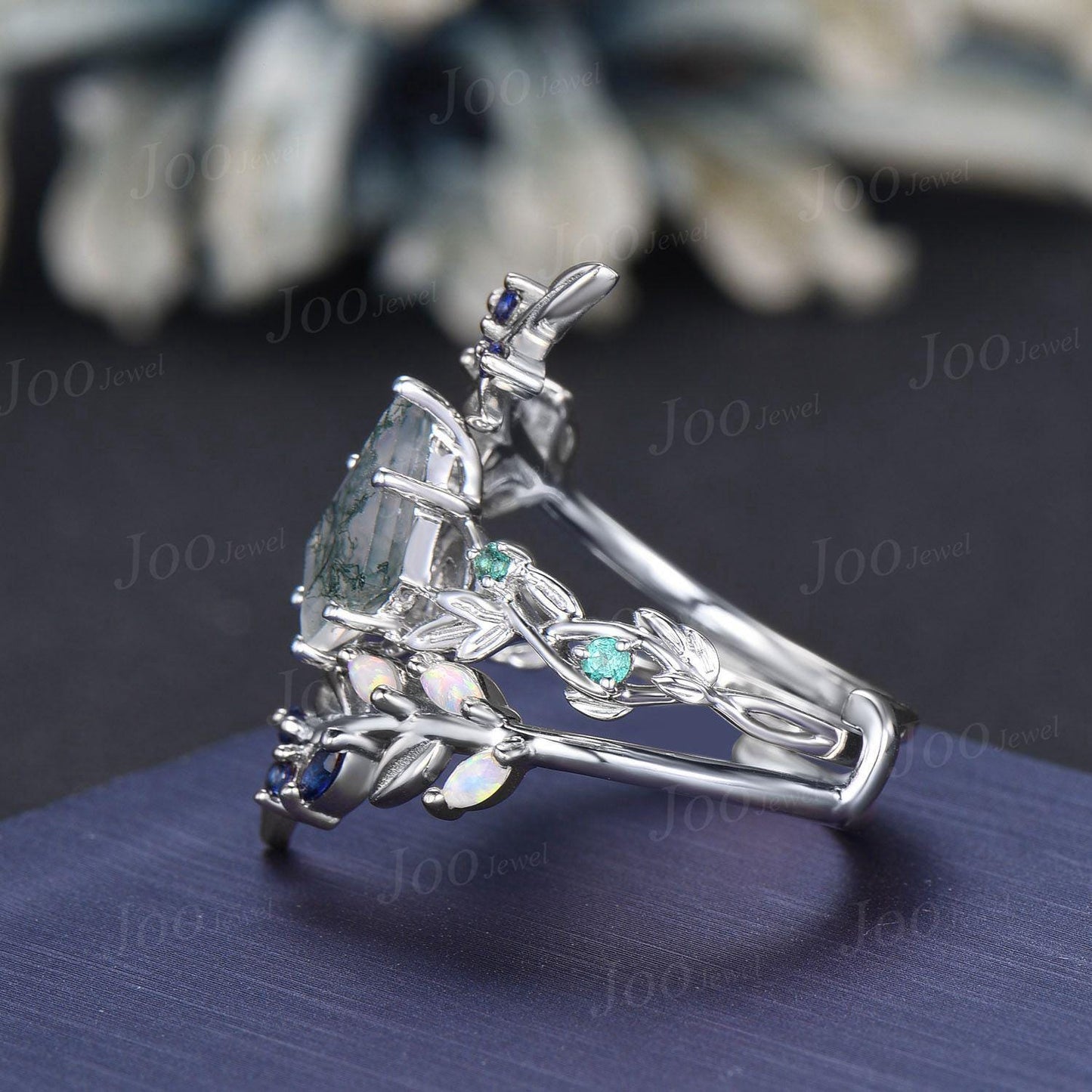 Kite Cut Natural Moss Agate Leaf Ring- Nature Themed Wedding Ring- Sapphire Opal Accent- Nature Inspired Bridal Ring- Enhancer Wedding Band