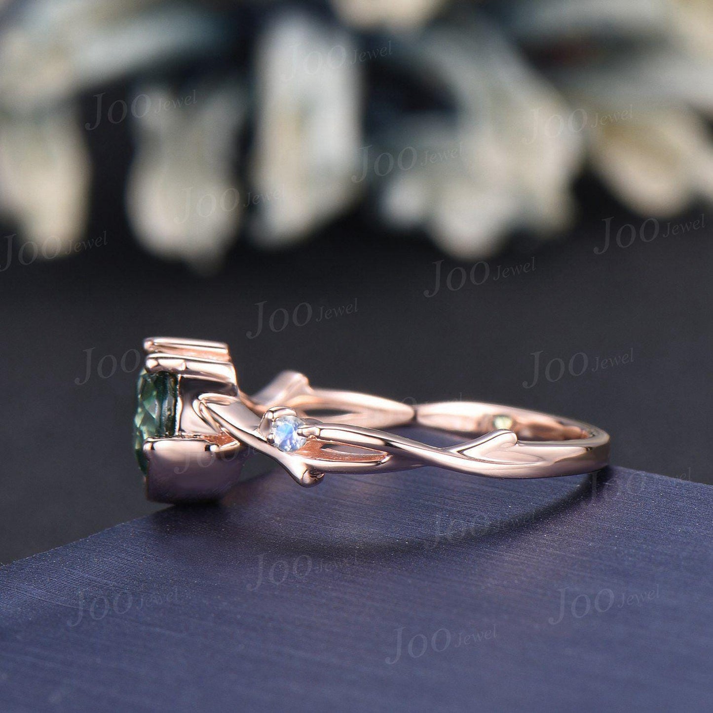 Nature Inspired Green Sapphire Ring Moon Star Design Vintage 1ct Round Olive Sapphire Engagement Ring Moonstone Dainty Branch Wedding Ring