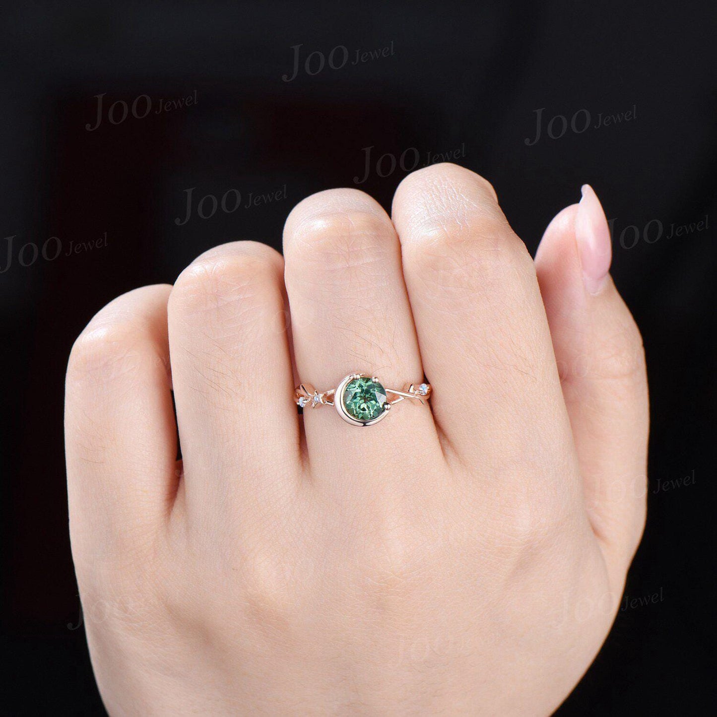 Nature Inspired Green Sapphire Ring Moon Star Design Vintage 1ct Round Olive Sapphire Engagement Ring Moonstone Dainty Branch Wedding Ring