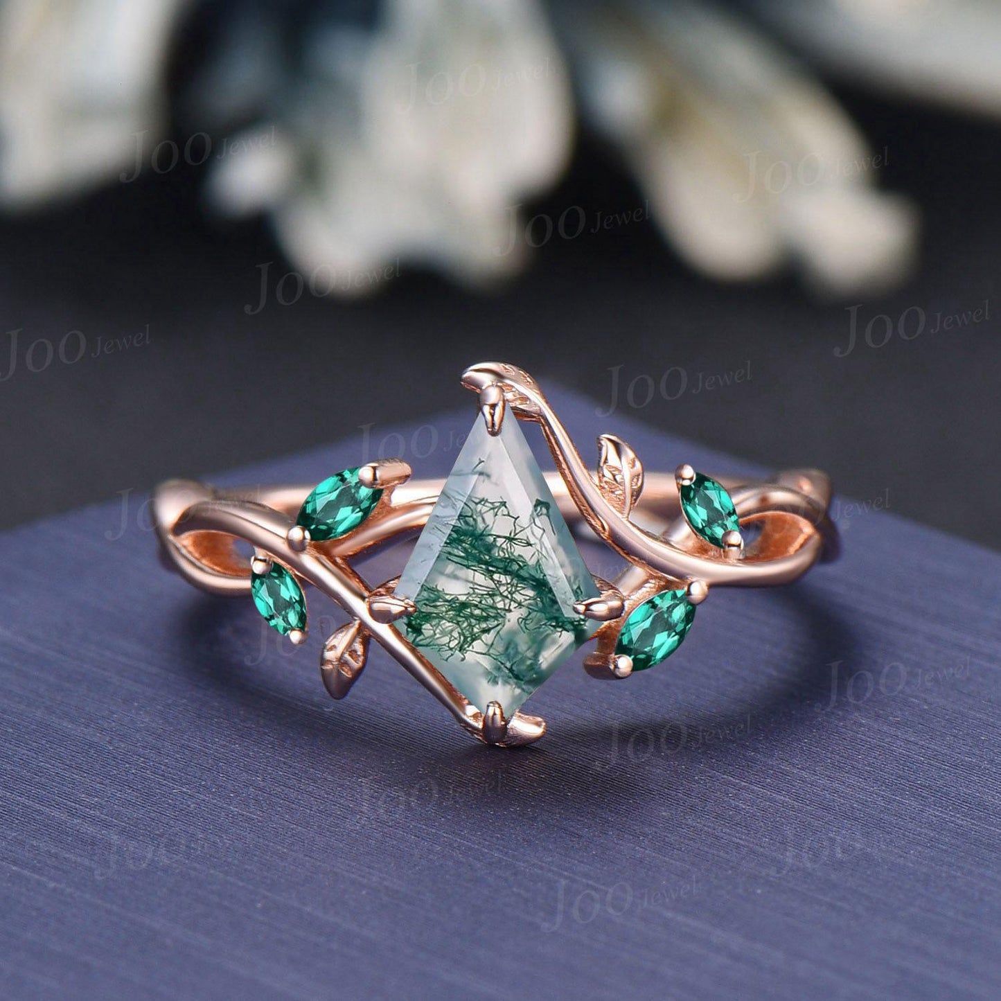 1ct Kite Natural Moss Agate Ring | Infinity Leaf Emerald Ring | Twisted Vine Moss Agate Engagement Ring for Women | Nature Wedding Jewelry