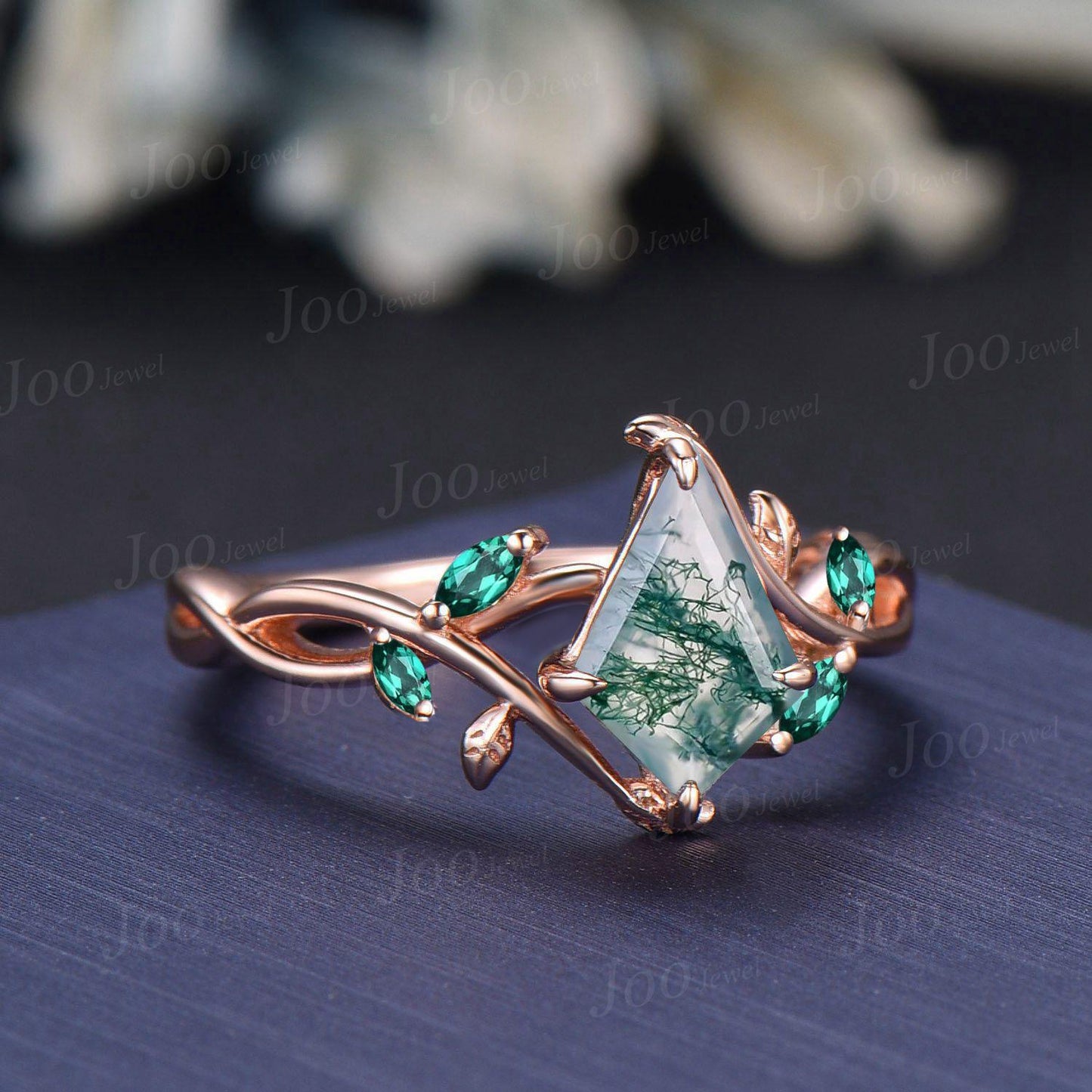 1ct Kite Natural Moss Agate Ring | Infinity Leaf Emerald Ring | Twisted Vine Moss Agate Engagement Ring for Women | Nature Wedding Jewelry
