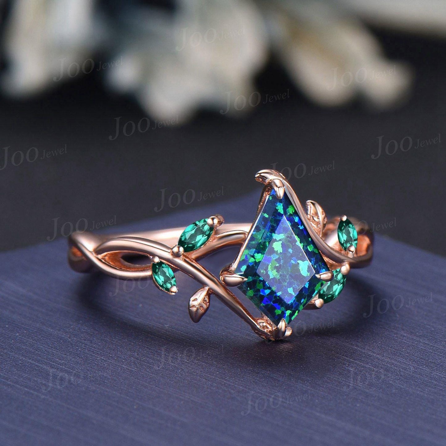 1ct Kite Cut Black Opal Ring | Infinity Leaf Emerald Ring | Twig Vine Black Opal Engagement Ring for Women | Nature Themed Wedding Jewelry