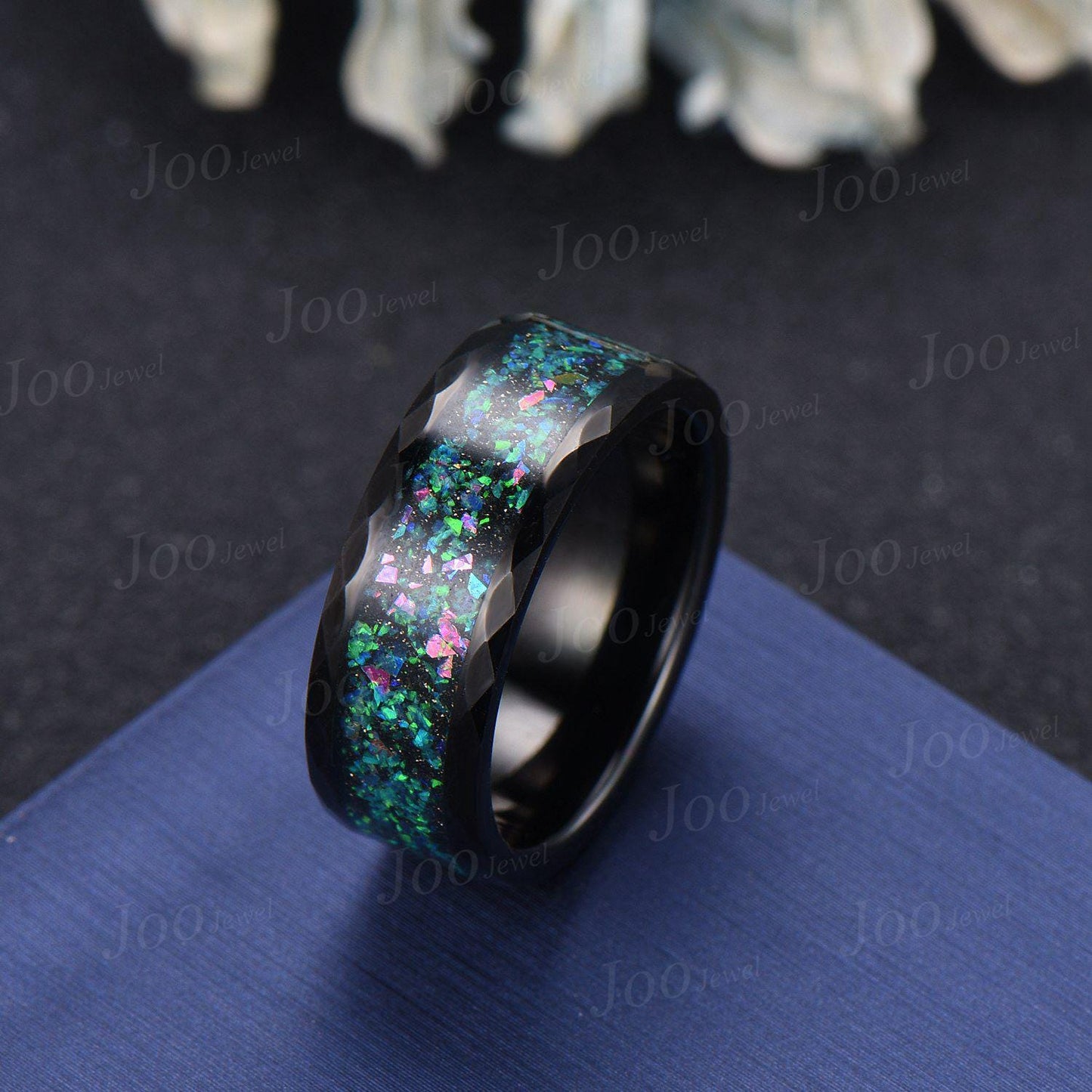 8mm Mens Black Tungsten No-Fading Promise Ring Hammered Design Black Wedding Band Black Opal Inlay Engagement Ring Comfort-Fit Band for Men