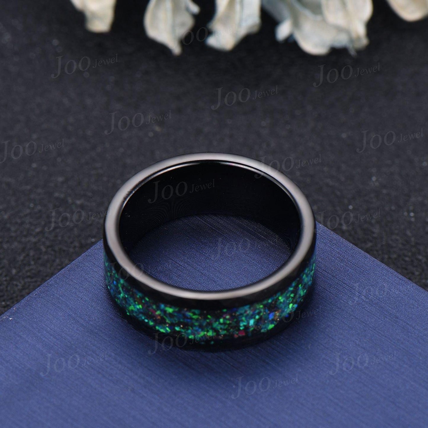 8mm Mens Black Tungsten No-Fading Promise Ring Hammered Design Black Wedding Band Black Opal Inlay Engagement Ring Comfort-Fit Band for Men