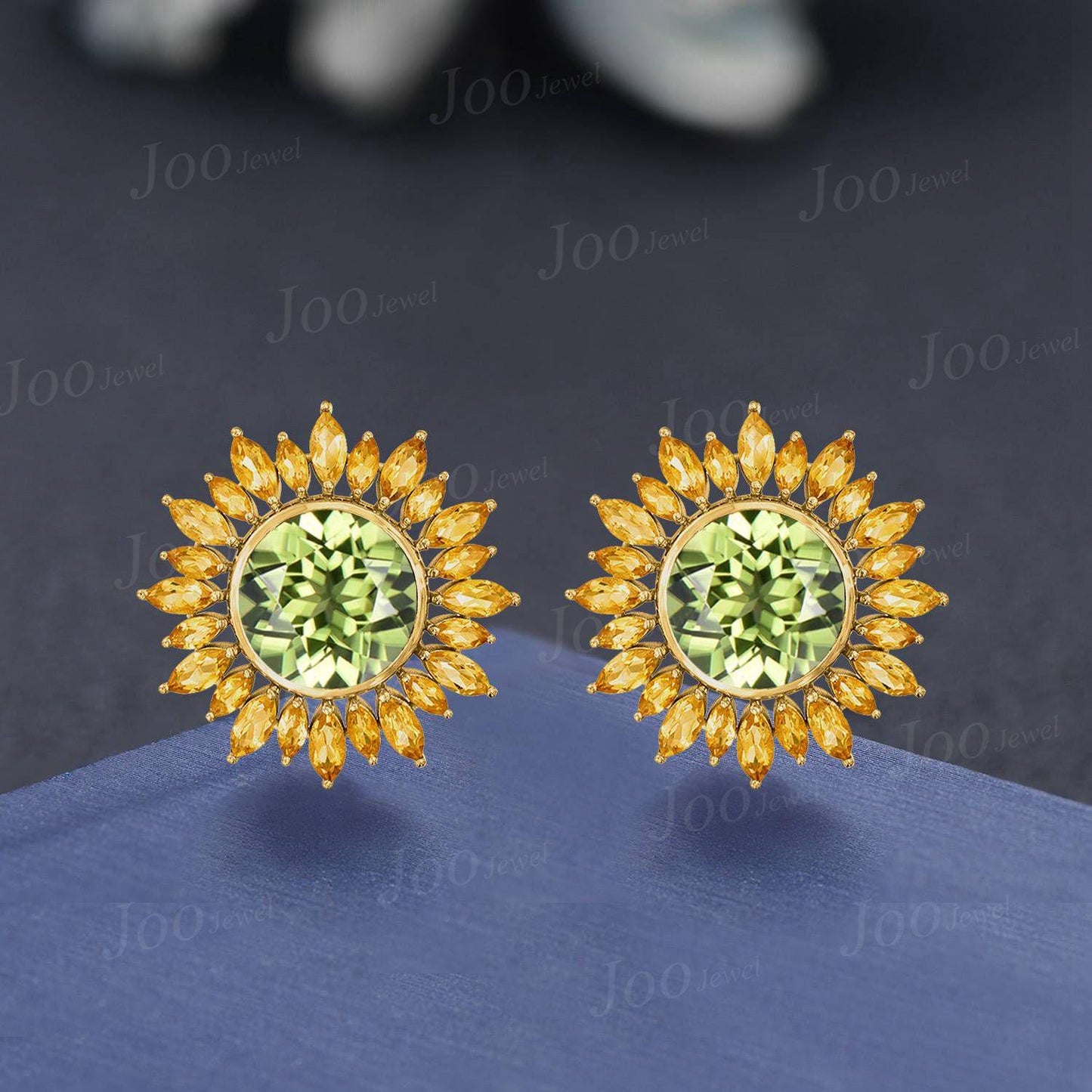 Sunflower Stud Earrings | Round Cut Natural Peridot Citrine Halo Earrings in 9K Gold | Dainty August Birthstone Birthday Gifts for Women