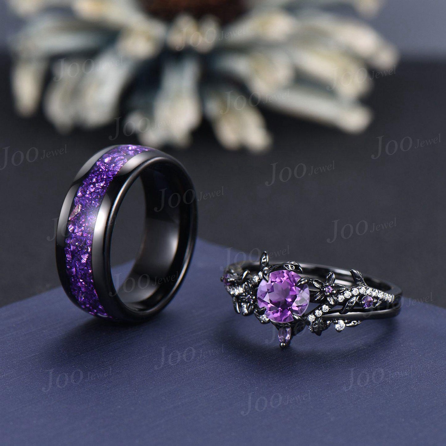 Vintage 1ct Round Cut Natural Amethyst Branch Flower Couples Ring Set Black Wedding Ring Amethyst Matching Ring His and Hers Wedding Band
