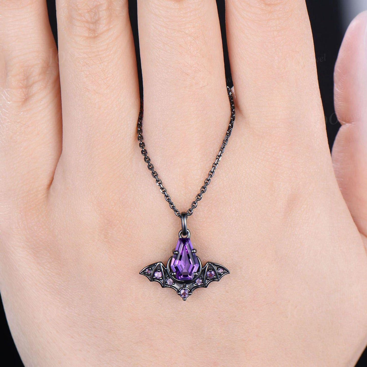 Natural Amethyst Black Gold Coffin Bat Wing Necklace Gothic Purple Crystal Pendant Unique February Birthstone Graduation Gifts For Daughter