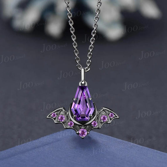 Natural Amethyst Black Gold Coffin Bat Wing Necklace Gothic Purple Crystal Pendant Unique February Birthstone Graduation Gifts For Daughter