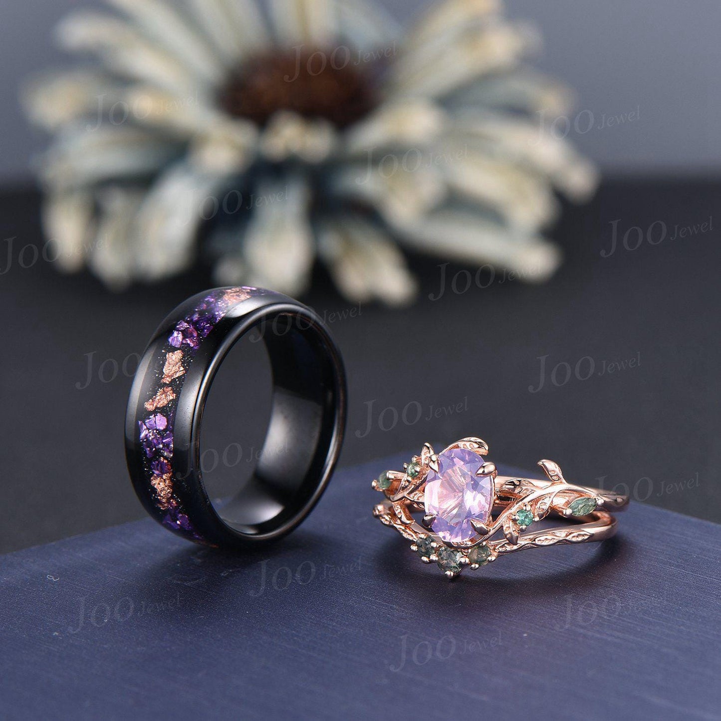 2PCS Natural Oval Lavender Amethyst Leaf Ring Set |No-Fade Black Tungsten Meteorite Wedding Band for Men | Matching Promise Rings Couple Set