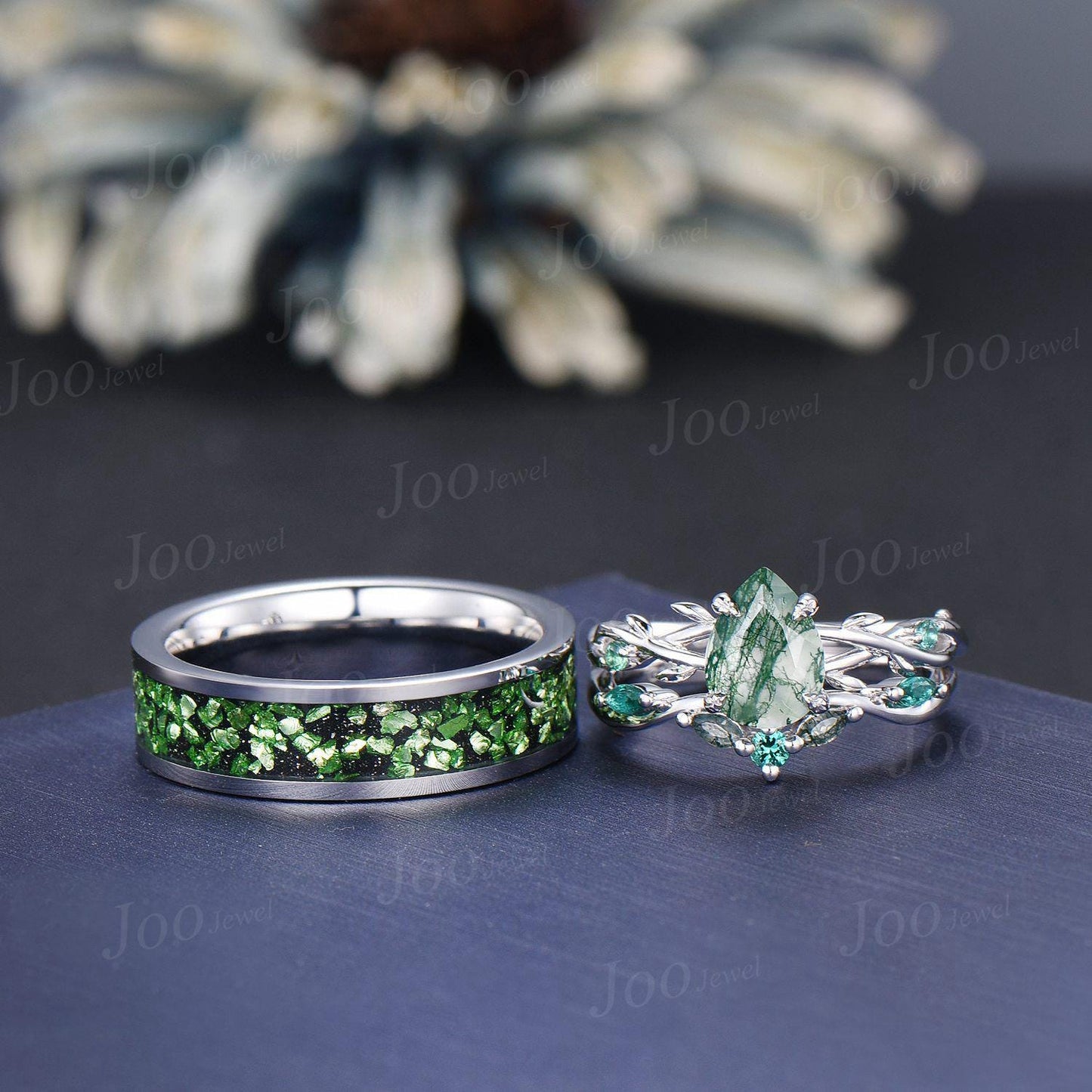 Sterling Silver Natural Pear Cut Moss Agate Twig Vine Couple Ring Set Nature Inspired Wedding Ring Men Tungsten Ring Unique Matching Ring