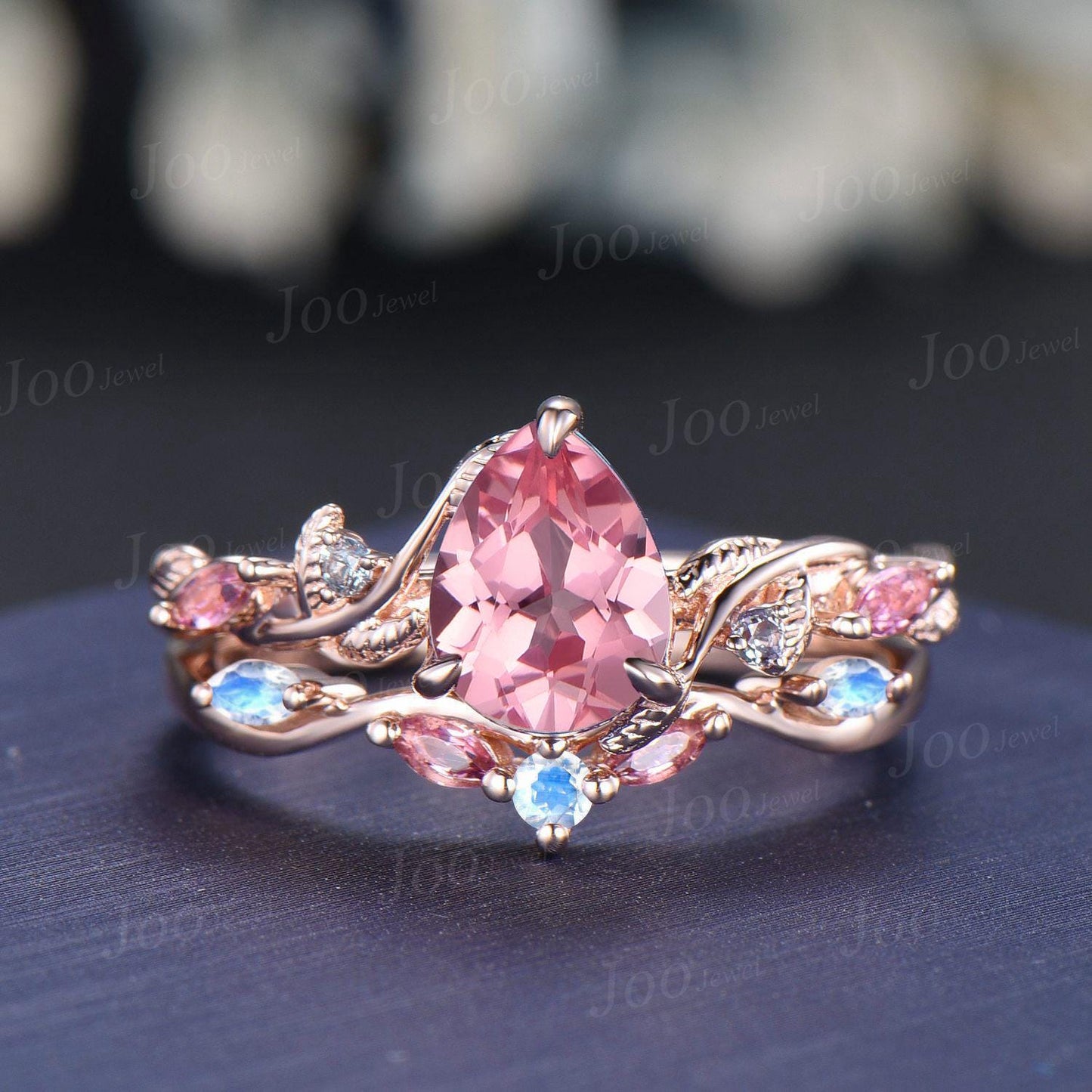 1.25ct Pear Cut Padparadscha Pink Sapphire Branch Wedding Ring Set- Pink Tourmaline Moonstone Accent- Nature Inspired Pink Engagement Ring