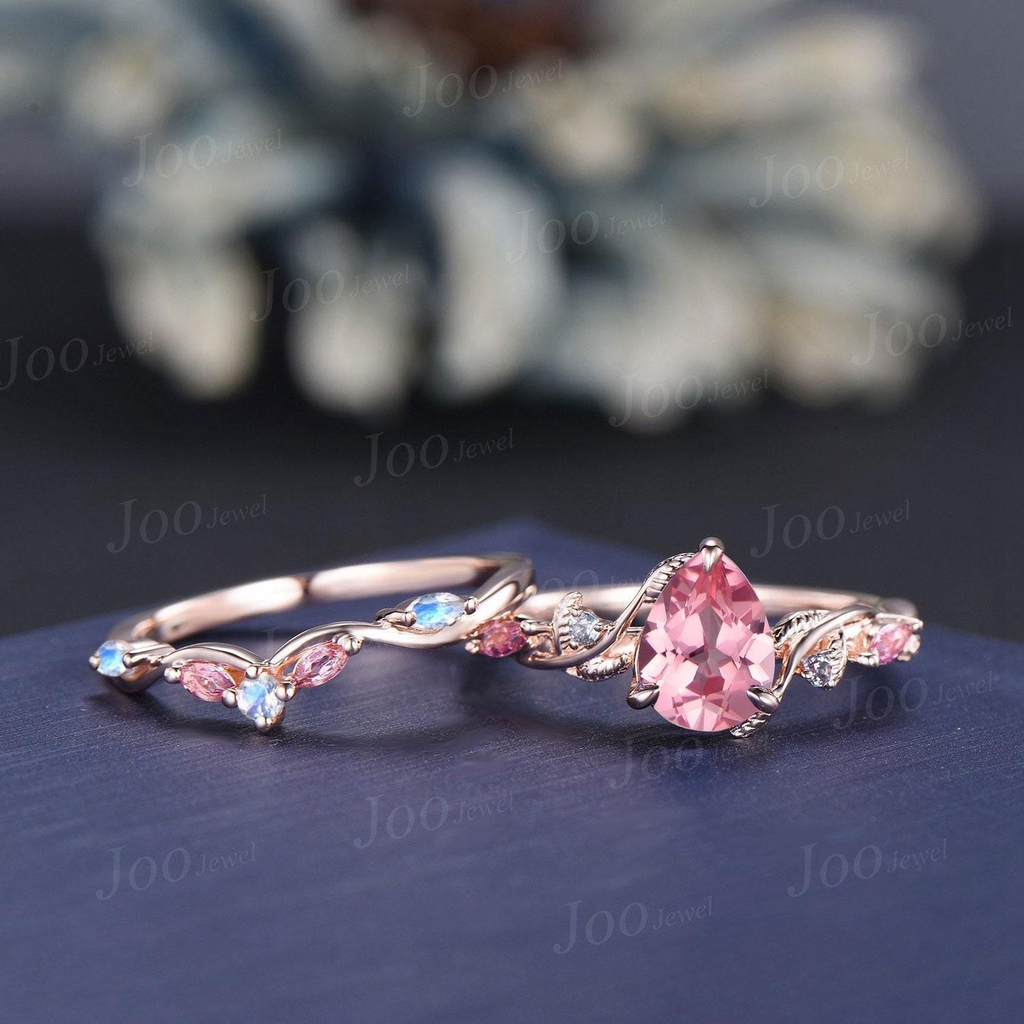 1.25ct Pear Cut Padparadscha Pink Sapphire Branch Wedding Ring Set- Pink Tourmaline Moonstone Accent- Nature Inspired Pink Engagement Ring