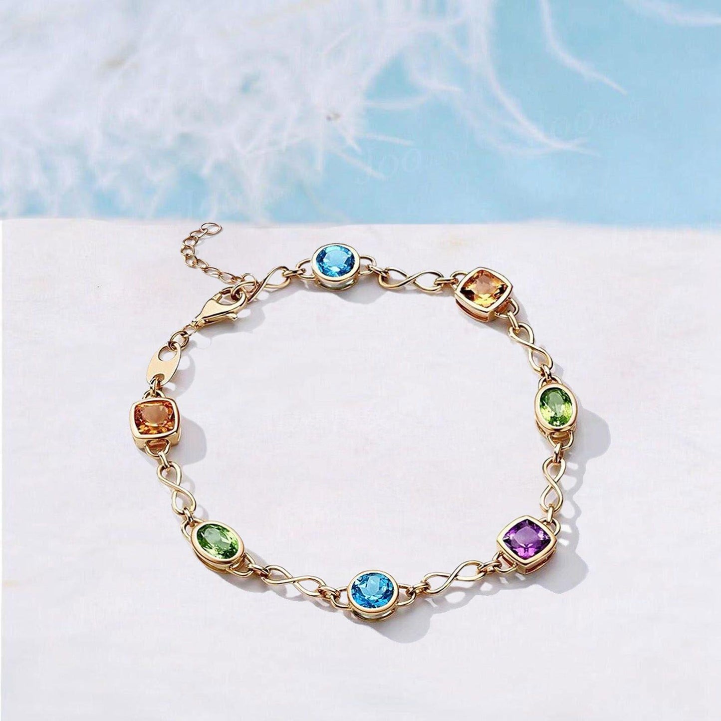 Sterling Silver Multi Gemstone Bracelet Unique Peridot Topaz Citrine Candy Adjustable Bracelet Mixed Birthstone Solid Gold Station Bracelet