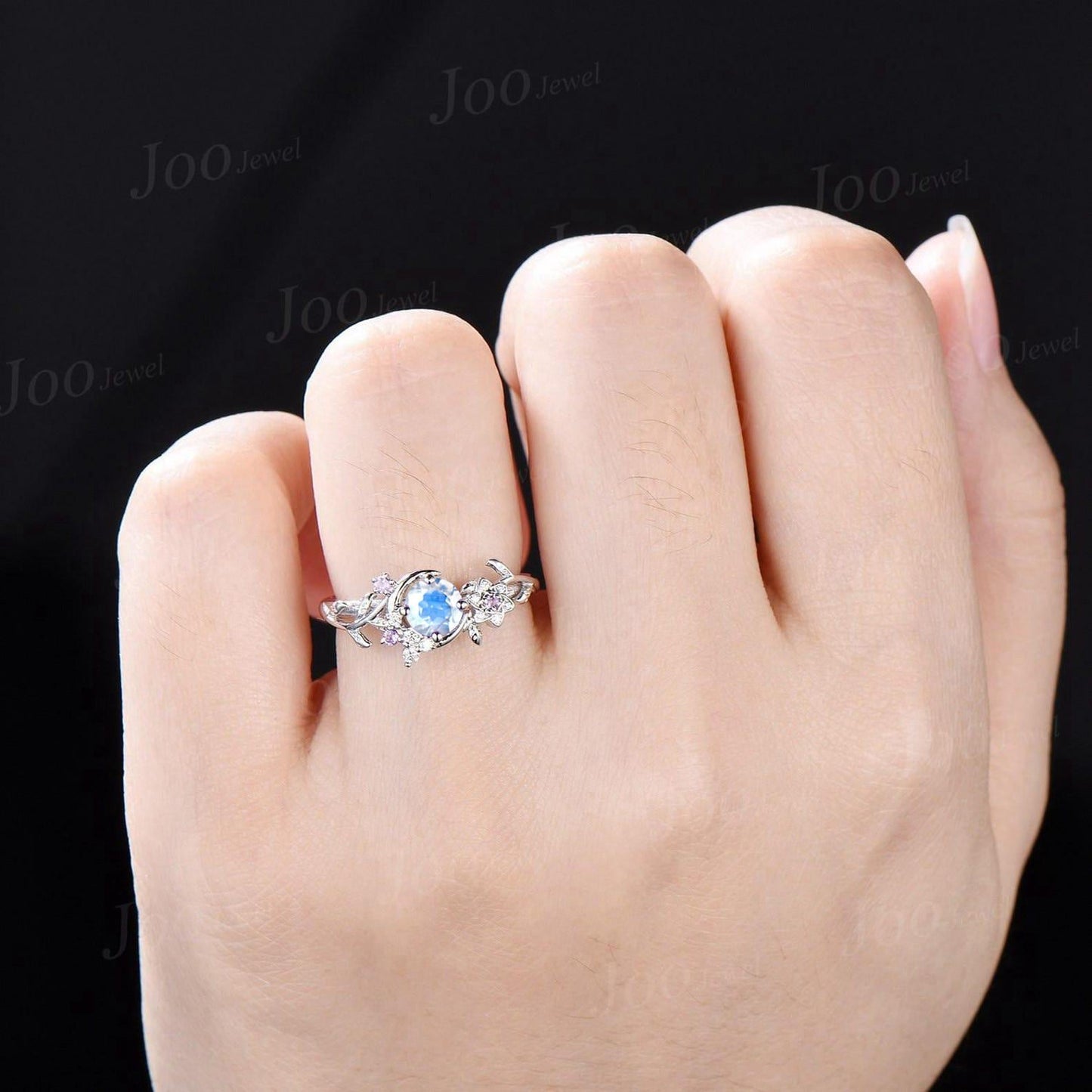 5mm Round Natural Moonstone Crescent Moon Ring Vintage Art Deco Sterling Silver June Birthstone Wedding Ring Rainbow Moonstone Promise Rings