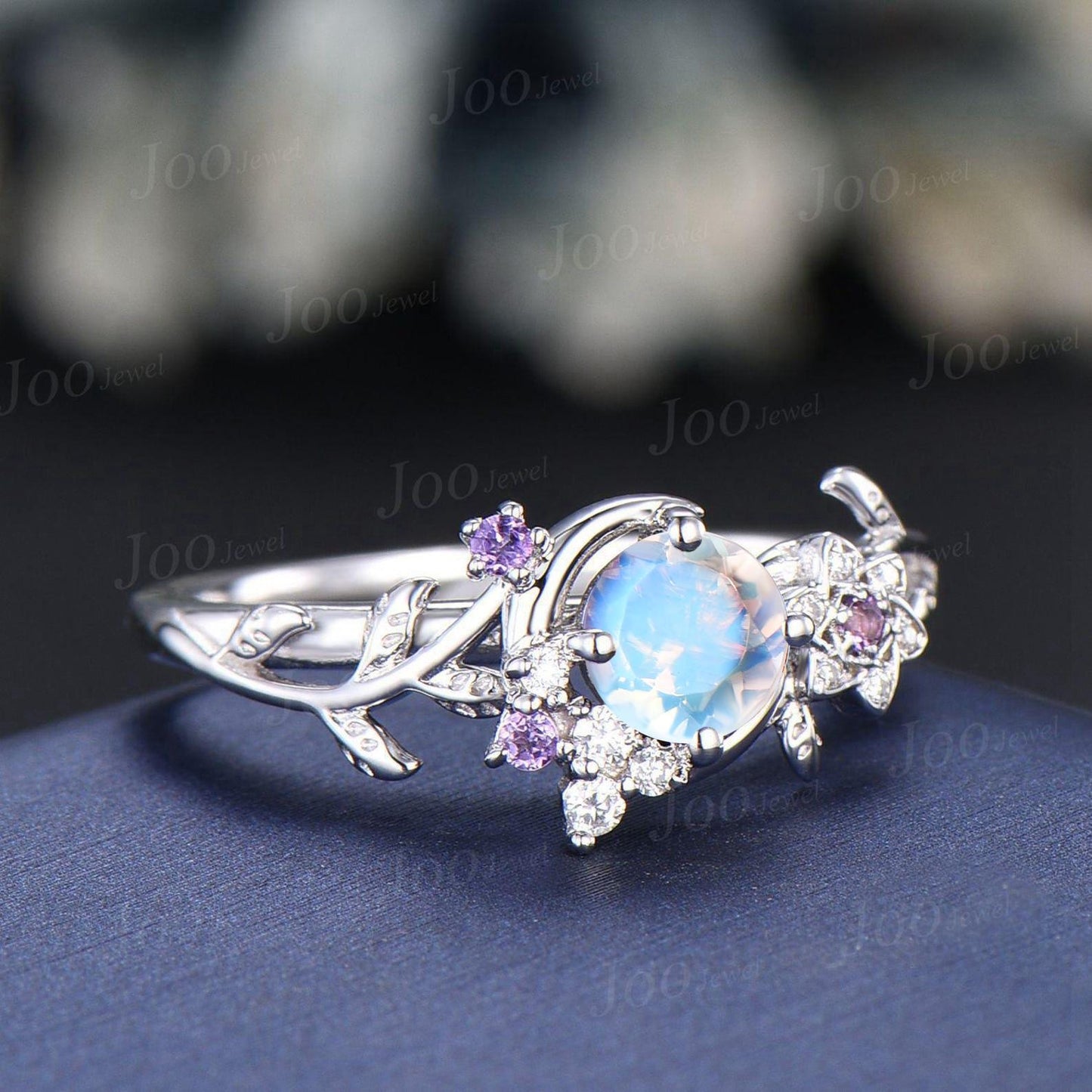5mm Round Natural Moonstone Crescent Moon Ring Vintage Art Deco Sterling Silver June Birthstone Wedding Ring Rainbow Moonstone Promise Rings