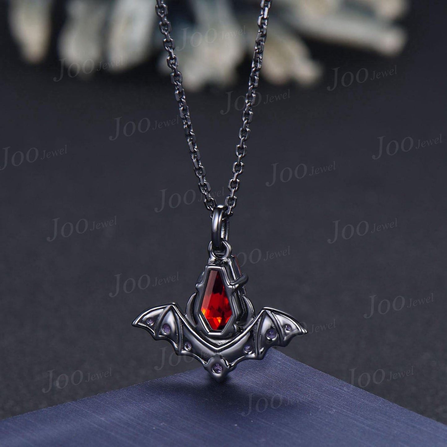 Natural Garnet Moon Pendant Necklace Coffin Cut Red Garnet Bat Wing Necklace 18K Black Gold Gothic Pendant for Cool Girl Graduation Gifts