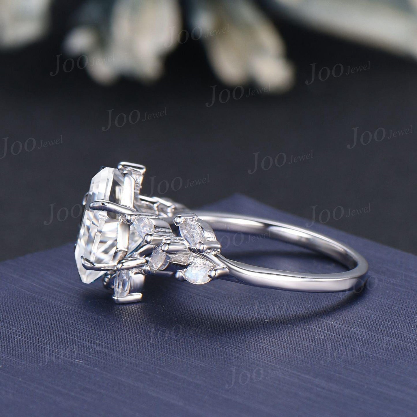 Kite Cut Lab Diamond Engagement Ring with IGI Certificate 10K White Gold Nature Inspired Cluster Moonstone Ring Unique Bridal Proposal Rings