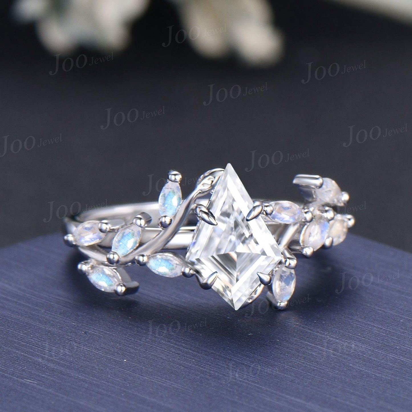 Kite Cut Lab Diamond Engagement Ring with IGI Certificate 10K White Gold Nature Inspired Cluster Moonstone Ring Unique Bridal Proposal Rings