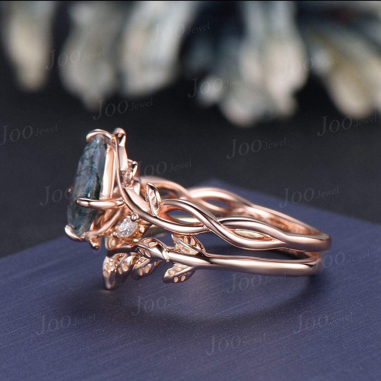 1ct Kite Cut Natural Moss Agate Ring Set | Infinity Leaf Ring | Twisted Vine Moss Agate Engagement Ring for Women | Nature Wedding Jewelry