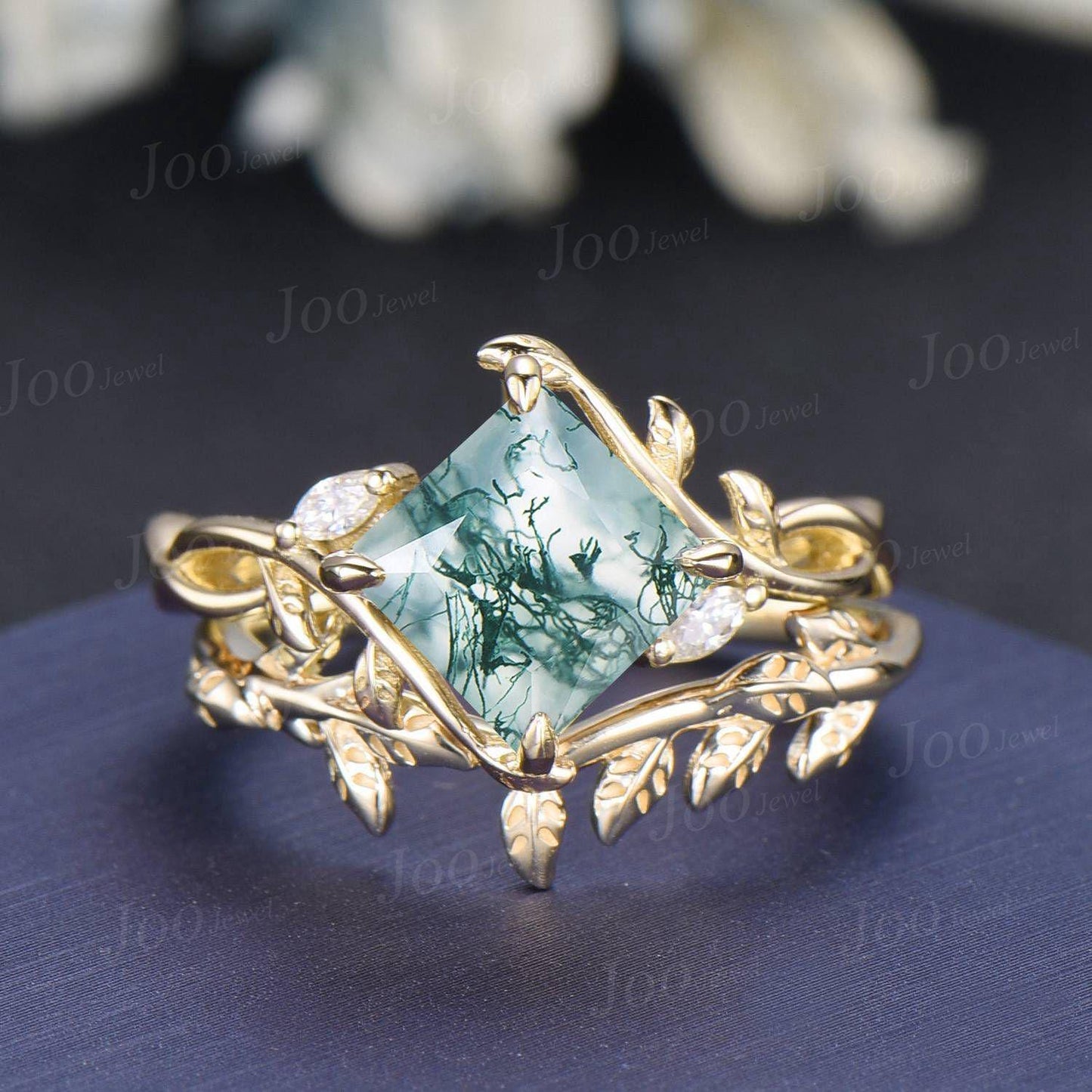 1ct Kite Cut Natural Moss Agate Ring Set | Infinity Leaf Ring | Twisted Vine Moss Agate Engagement Ring for Women | Nature Wedding Jewelry