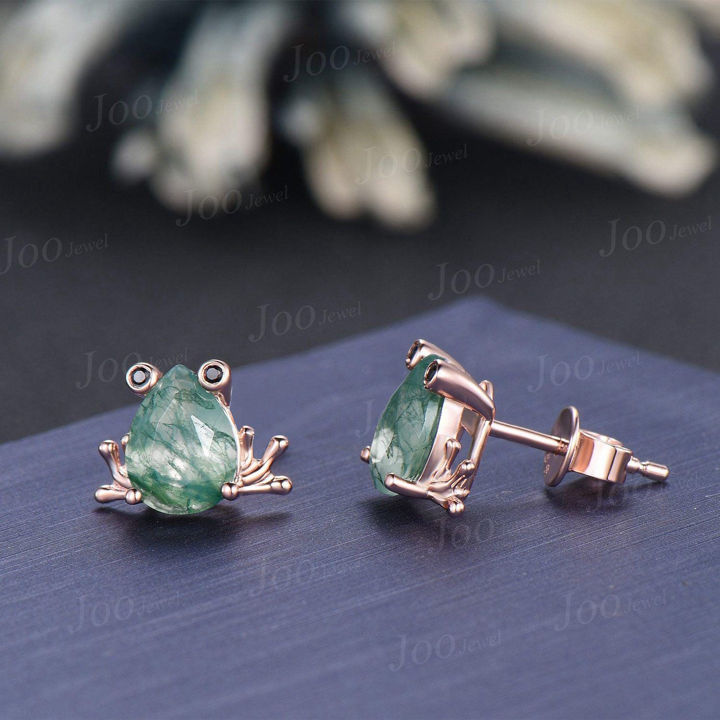 1.25ct Pear Cut Natural Moss Agate Frog Earrings | Nature-Inspired Frog Studs | Unique Amphibian Jewelry Gift for Women| Moss Agate Earrings