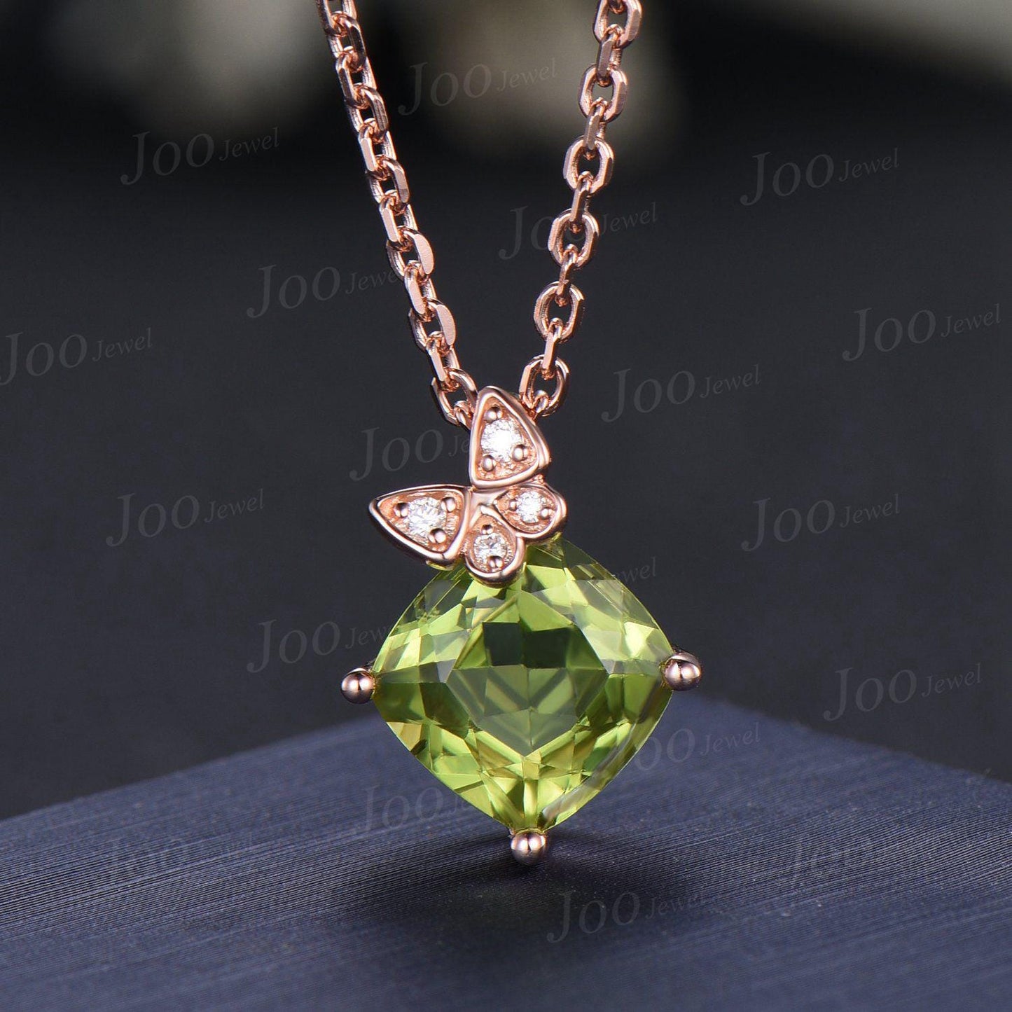 Cushion Cut Natural Peridot Butterfly Necklace Solid 14K Gold Vintage Personalized Green Stone Pendant Women August Birthstone Gift