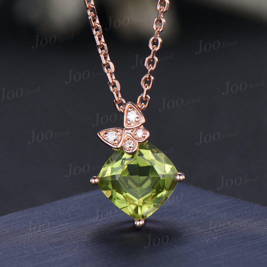 Cushion Cut Natural Peridot Butterfly Necklace Solid 14K Gold Vintage Personalized Green Stone Pendant Women August Birthstone Gift