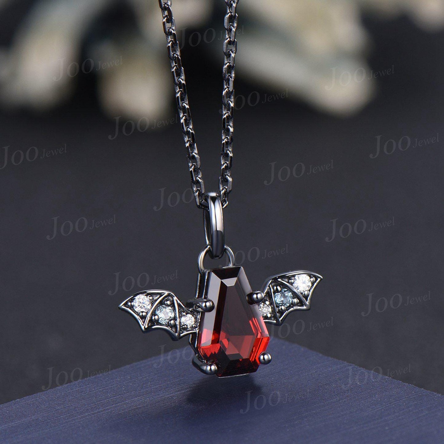 Gothic Coffin Natural Red Garnet Necklace Vintage Vampire Bat Wing Pendant 14K Rose Gold Bridal Necklace for Women January Birthstone Gift