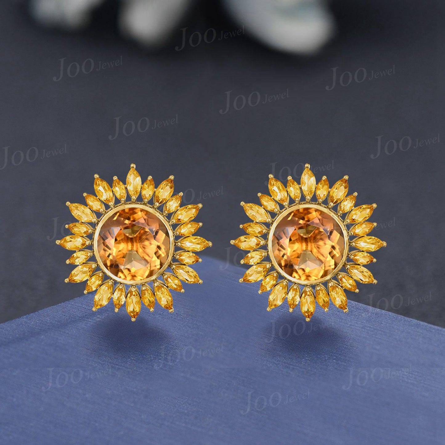 Sunflower Stud Earrings | Round Cut Earrings| Natural Yellow Citrine Earrings in 9K Gold | Dainty November Birthstone Jewelry Gift for Women