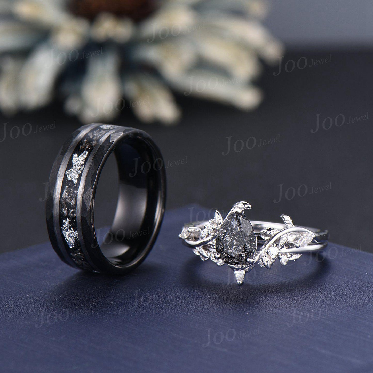 2pcs Pear Cut Natural Black Rutilated Quartz & Meteorite Couples Ring Set-His and Hers Wedding Band-Silver Tungsten Matching Promise Rings